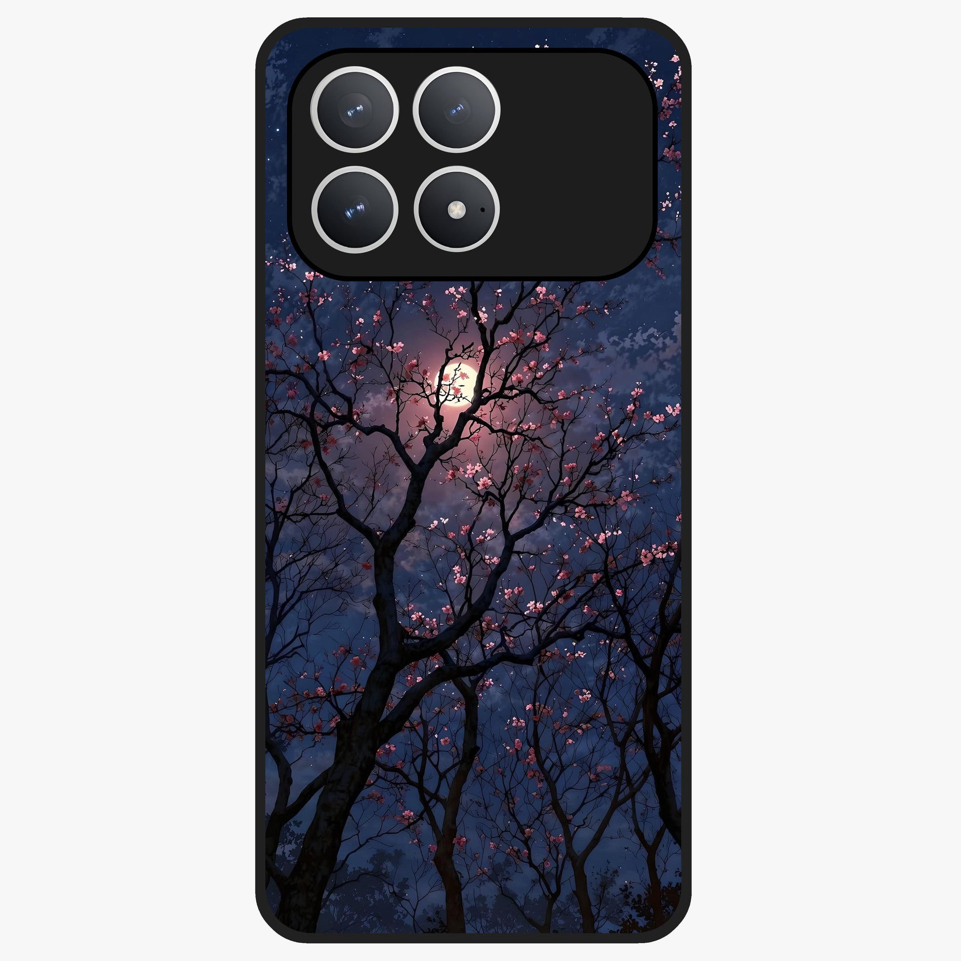 Twilight Sakura Serenade Glass Case showing flat back view with cherry blossom artwork at twilight and glossy glass finish.