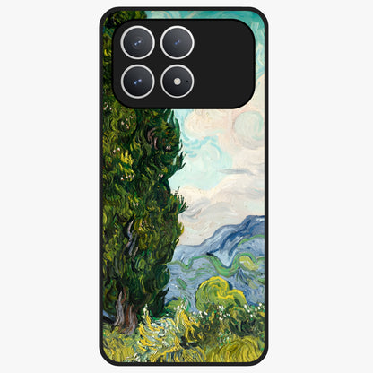 Van Gogh Vintage Art Glass Case showing flat back view with vintage painterly artwork inspired by Van Gogh style and glossy glass finish.