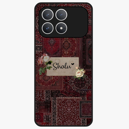 Velvet Wine Pattern Custom Name Glass Case showing flat back view with elegant wine colored pattern artwork and personalized name design.
