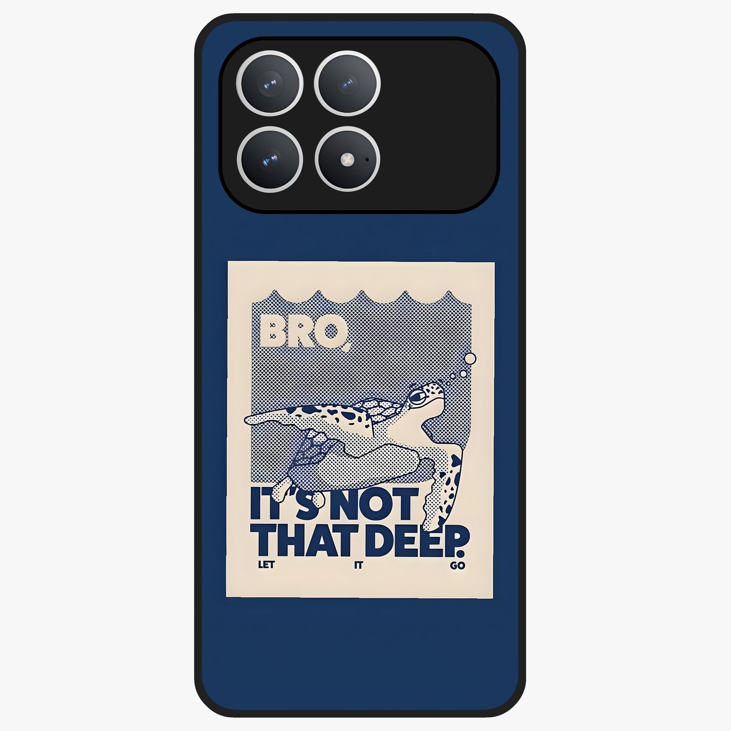 Worry Less Swim Glass Case showing flat back view with playful motivational artwork and glossy glass finish.