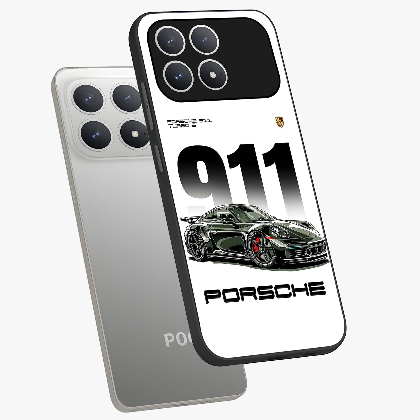 911 Turbo Dominance Glass Case displayed in premium angled mockup highlighting sporty car illustration and sleek glass surface.