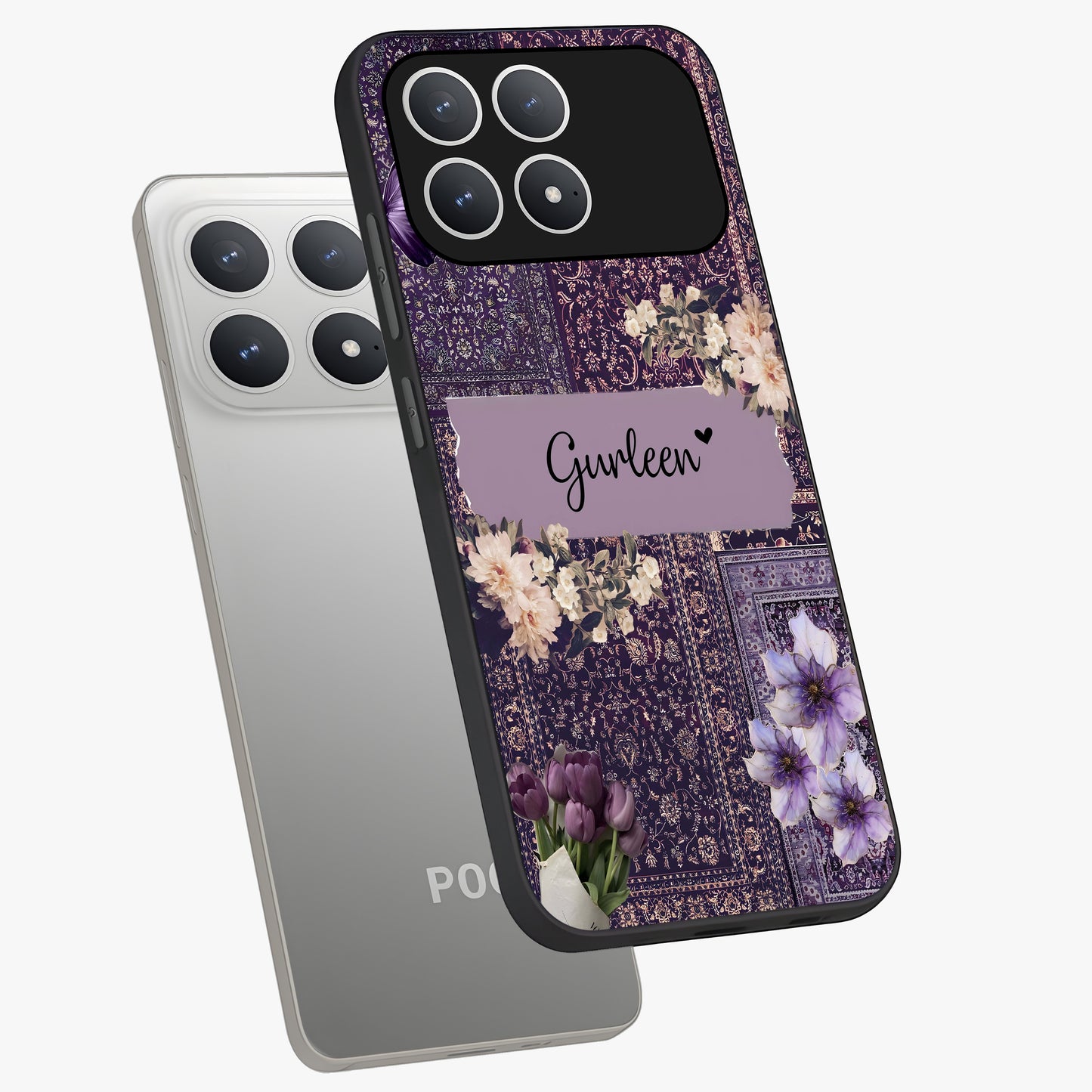 Antique Floral Whisper Custom Name Glass Case displayed in angled mockup highlighting elegant antique floral aesthetic.