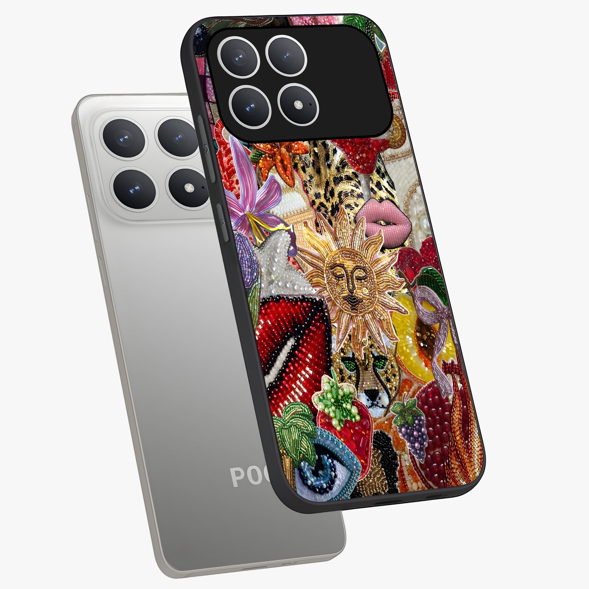Beaded Fashion Jungle Glass Case displayed in angled mockup highlighting colorful fashion bead design and artistic pattern.