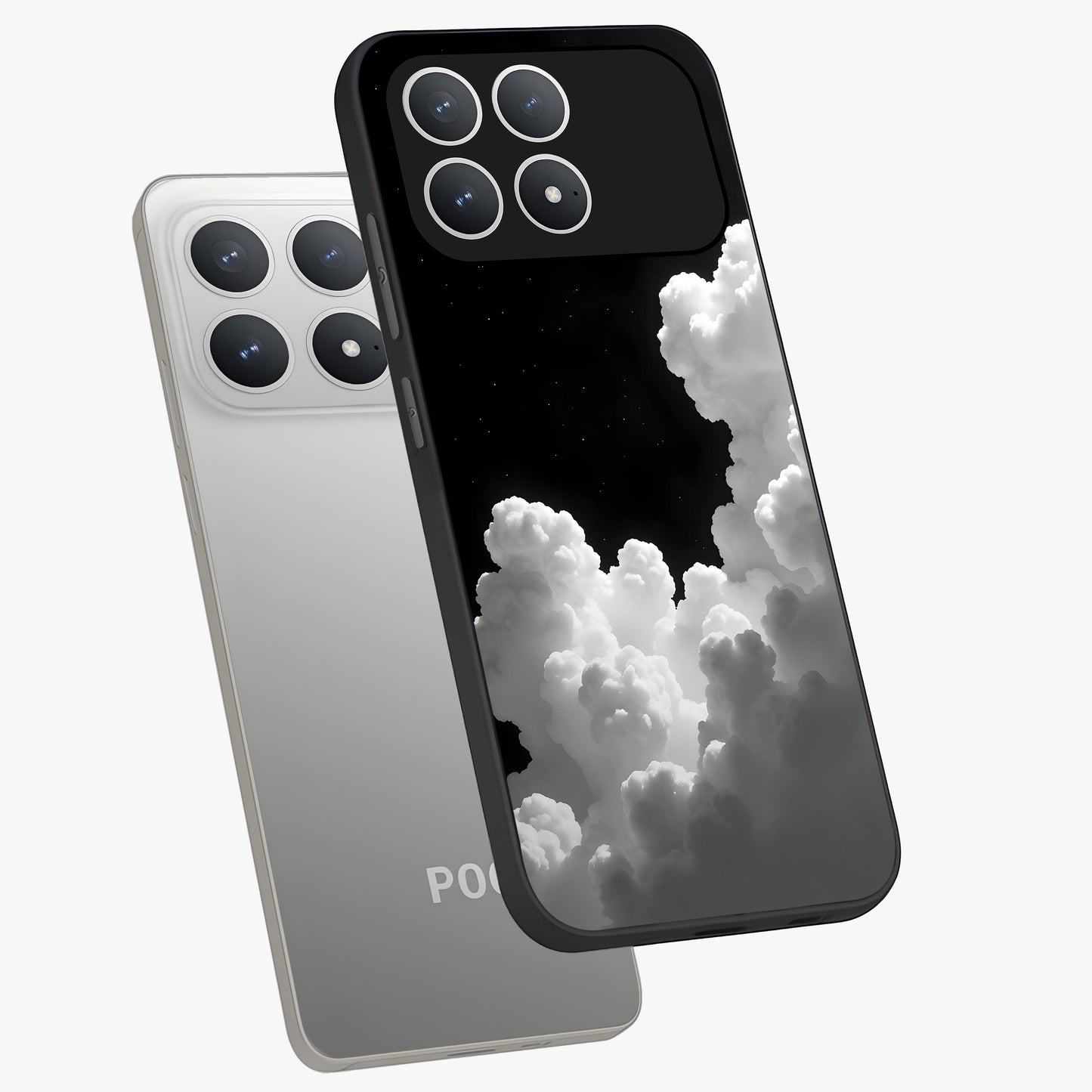 Black Background With White Cloud Glass Case displayed in angled mockup highlighting soft white cloud illustration and minimal design.