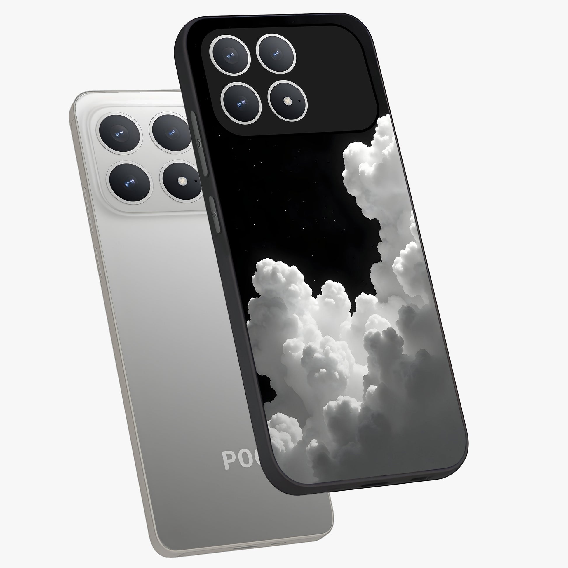 Black Background With White Cloud Glass Case displayed in angled mockup highlighting soft white cloud illustration and minimal design.