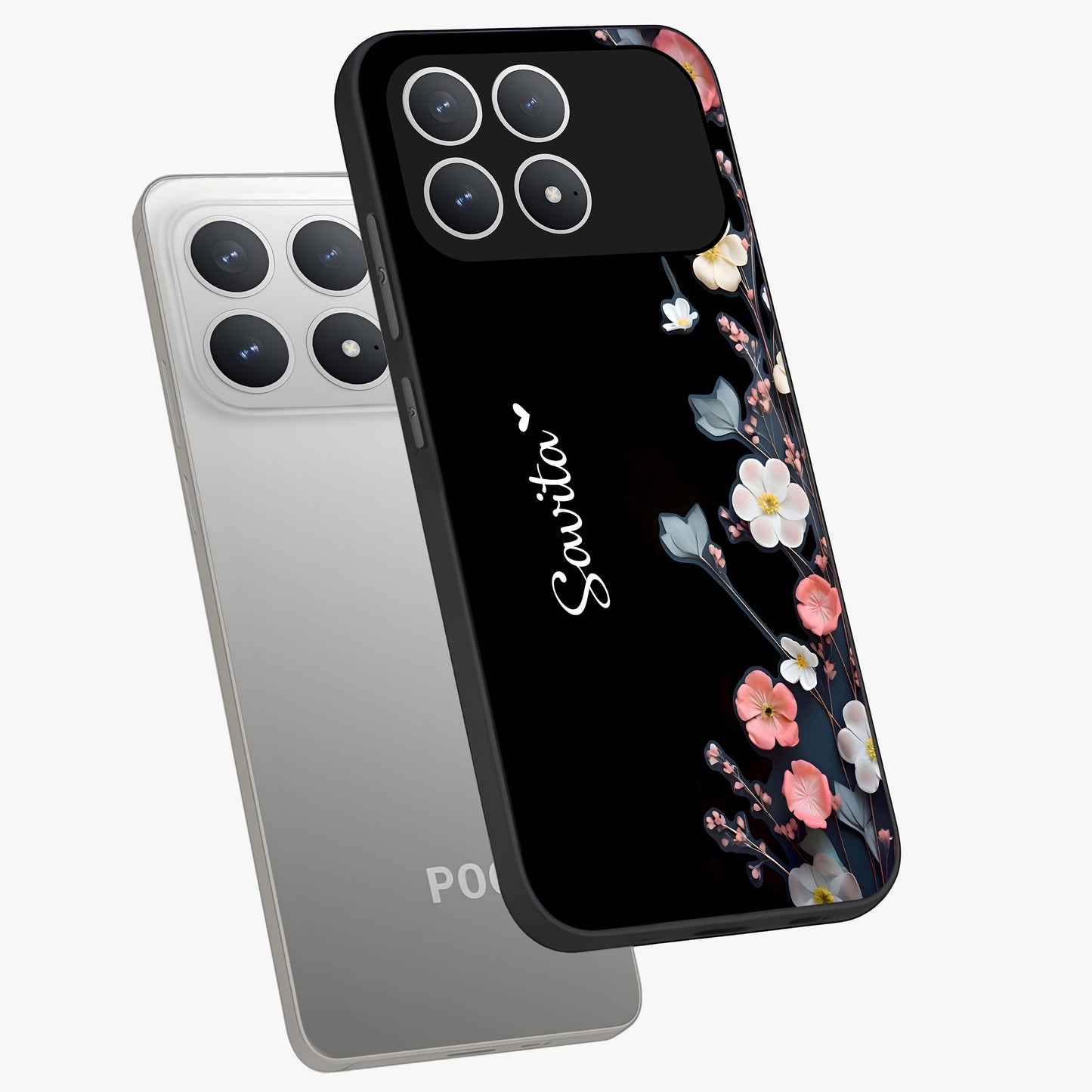 Black Elegance Floral Custom Name Glass Case displayed in angled mockup highlighting dark floral aesthetic and custom name feature.
