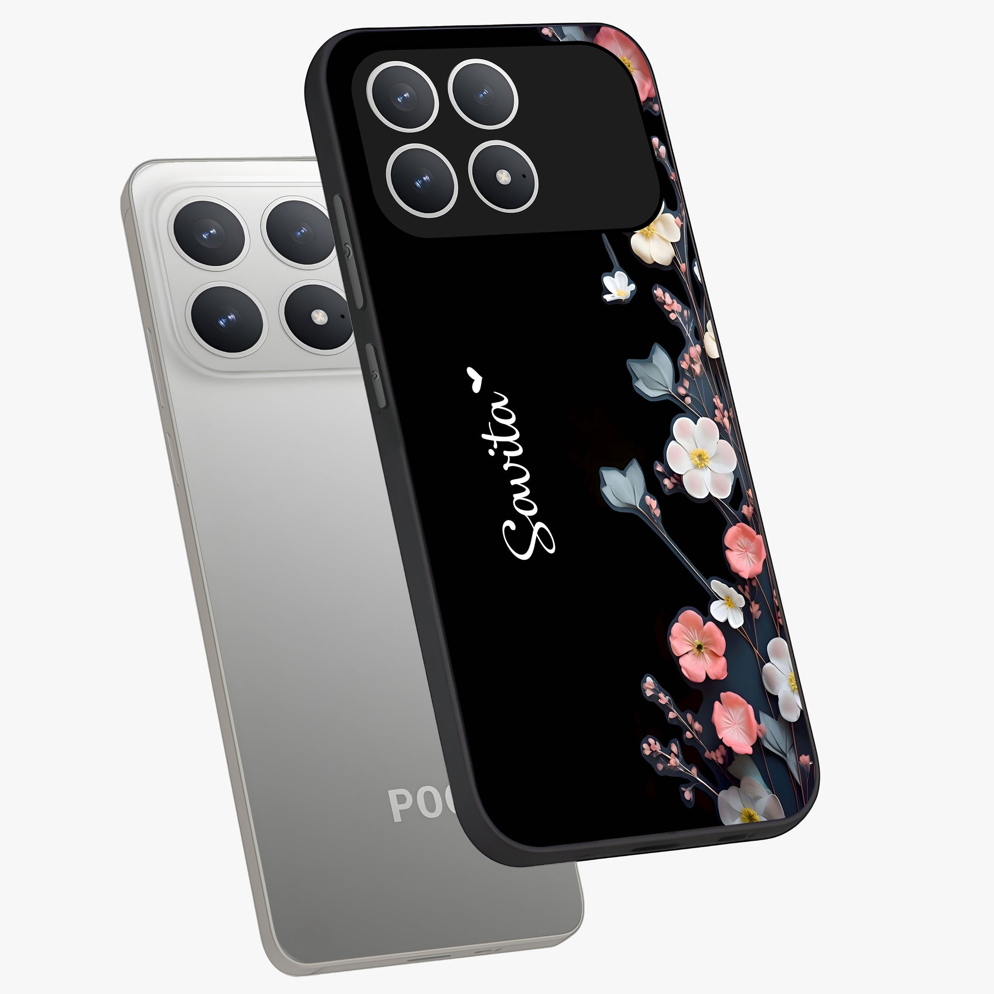 Black Elegance Floral Custom Name Glass Case displayed in angled mockup highlighting dark floral aesthetic and custom name feature.