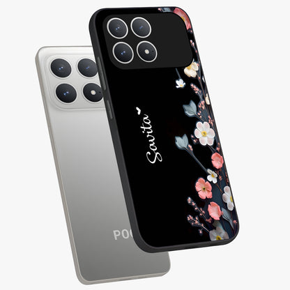 Black Elegance Floral Custom Name Glass Case displayed in angled mockup highlighting dark floral aesthetic and custom name feature.