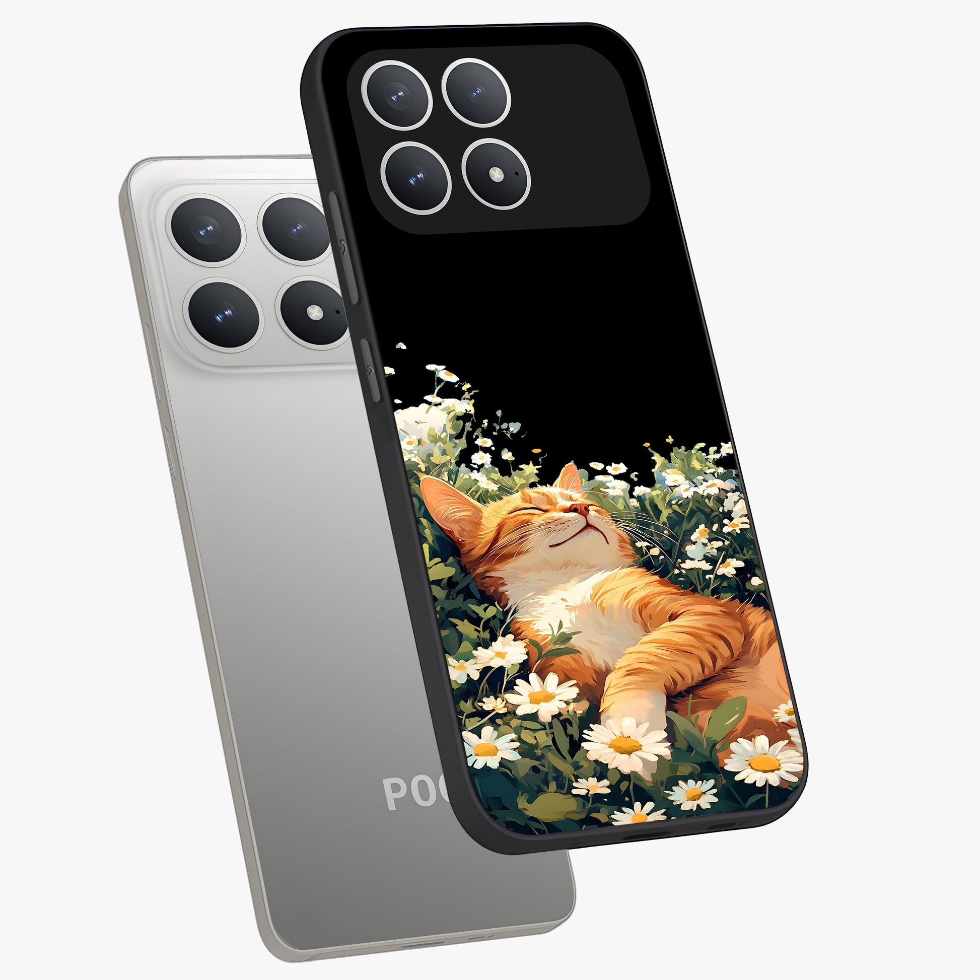 Blissful Bloom Cat Glass Case displayed in angled mockup highlighting playful feline illustration with soft floral aesthetic.