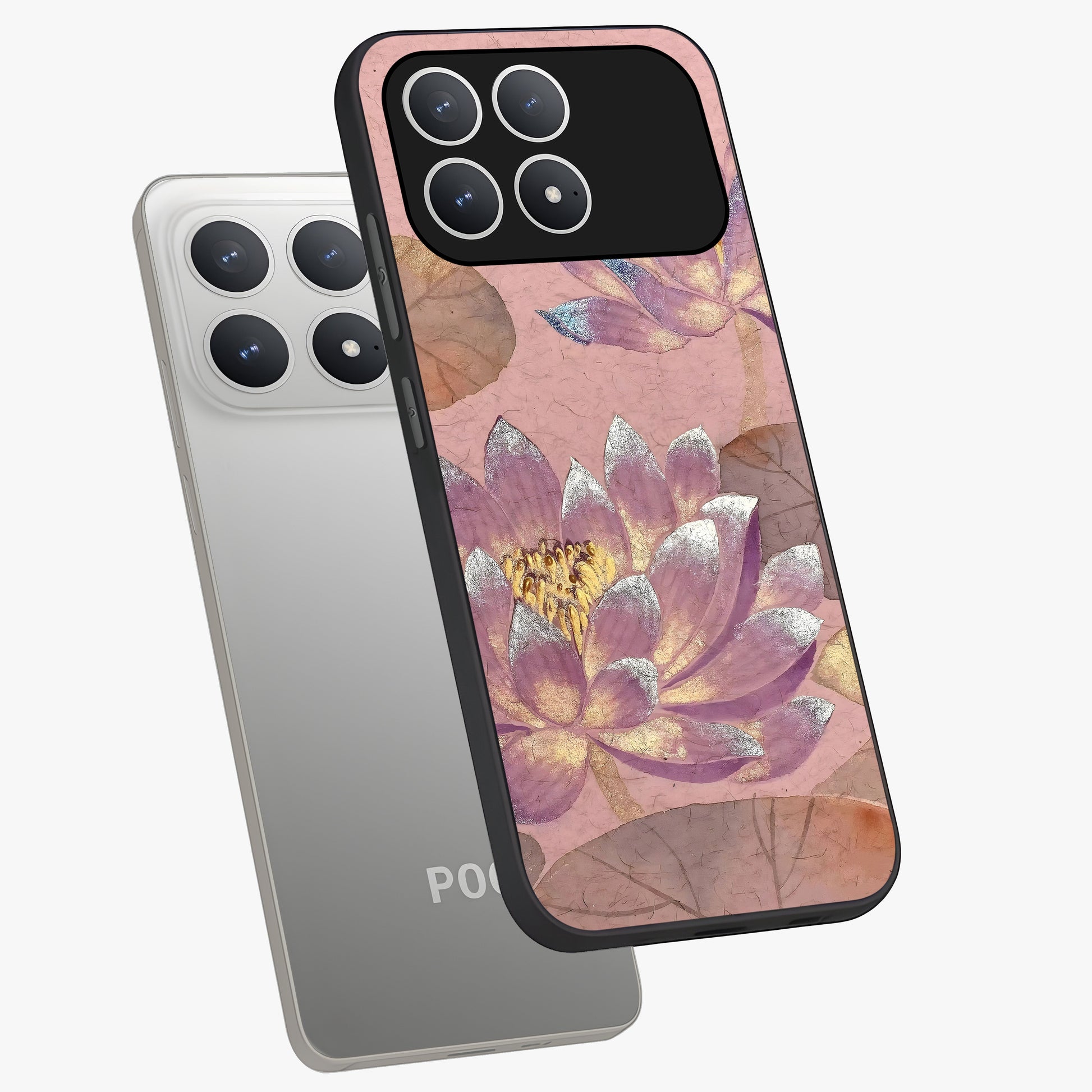 Blossom Mist Lotus Glass Case displayed in angled mockup highlighting delicate lotus illustration with calm aesthetic theme.