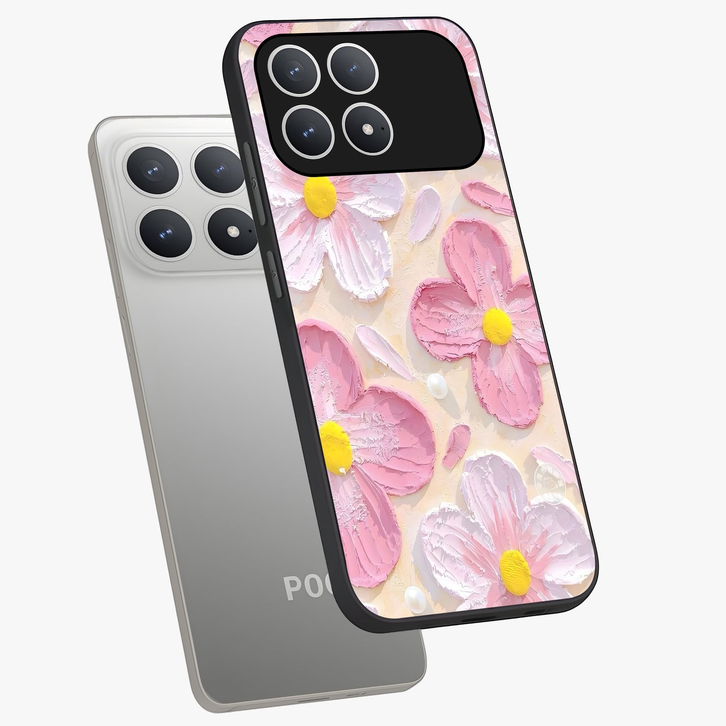 Blush Bloom Texture Glass Case displayed in angled mockup highlighting subtle bloom pattern with aesthetic pastel design.