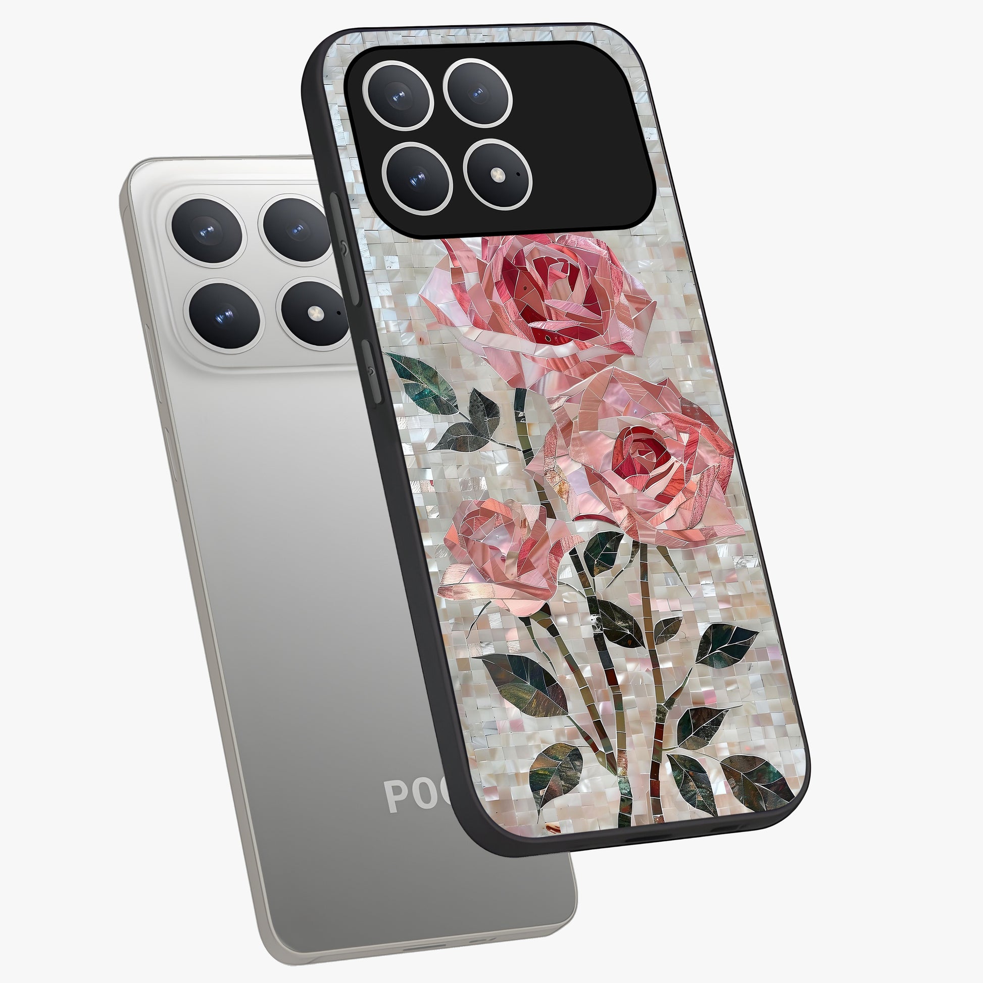 Blush Mosaic Bloom Glass Case displayed in angled mockup highlighting artistic mosaic flower pattern with aesthetic design.
