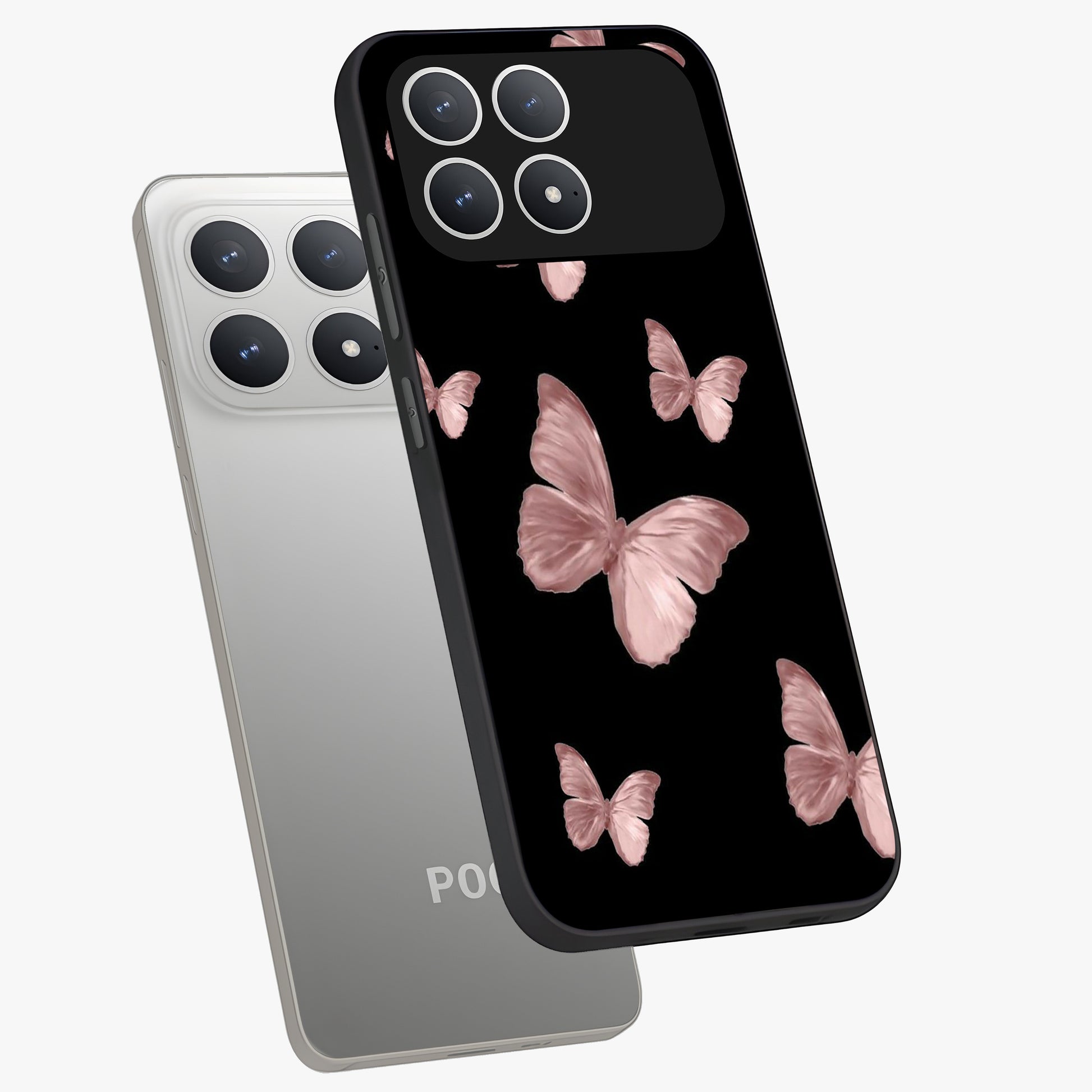 Butterfly Pattern Glass Case displayed in angled mockup highlighting delicate butterfly design and aesthetic pattern style.