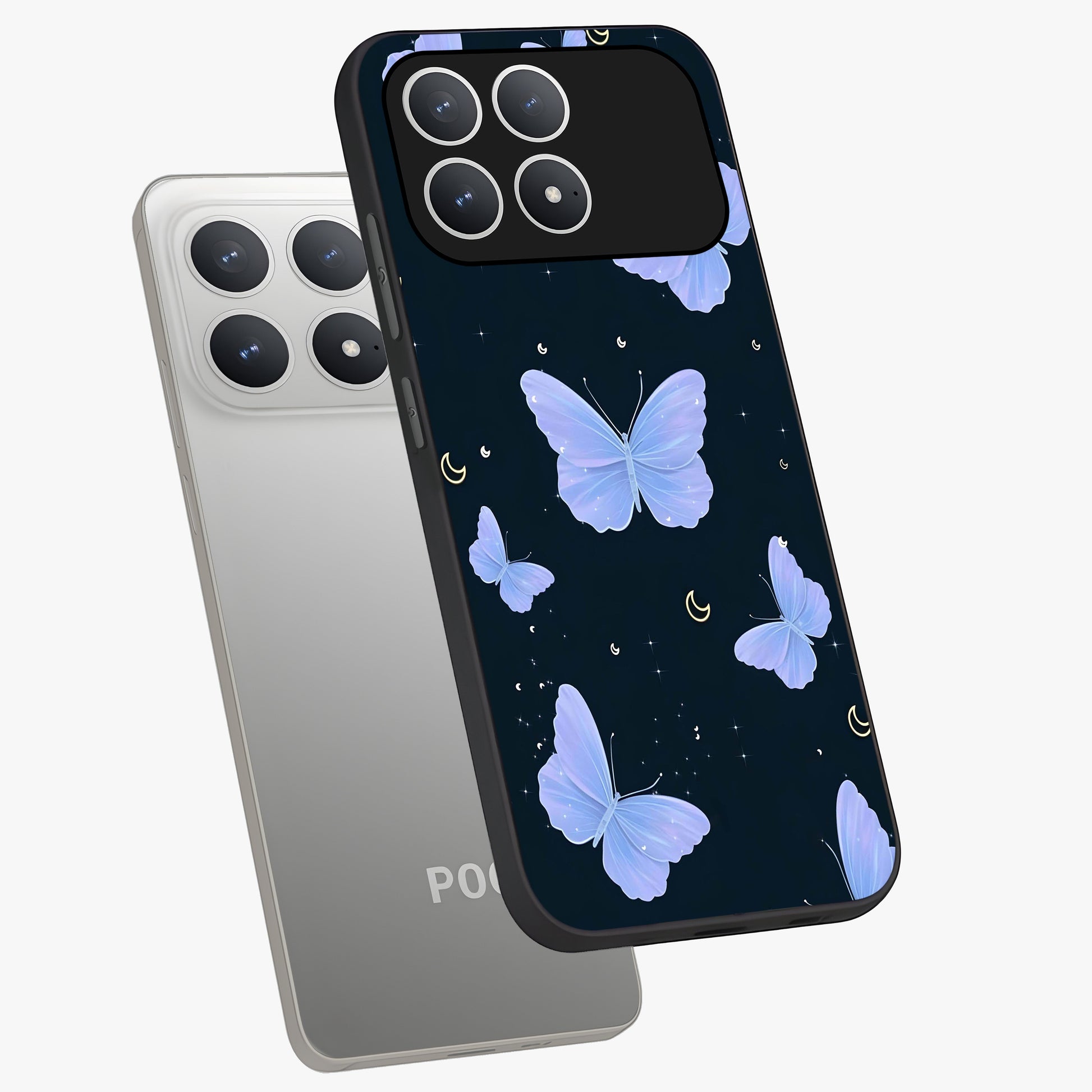 Butterfly With Stars Pattern Glass Case displayed in angled mockup highlighting dreamy butterfly and star design with aesthetic theme.