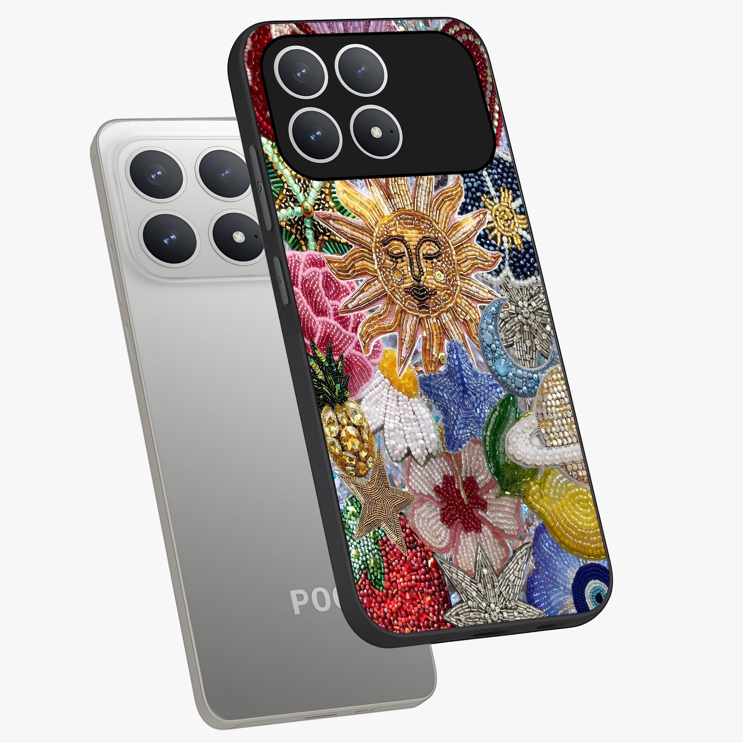 Celestial Floral and Playful Glass Case displayed in angled mockup highlighting playful floral design with dreamy celestial elements.