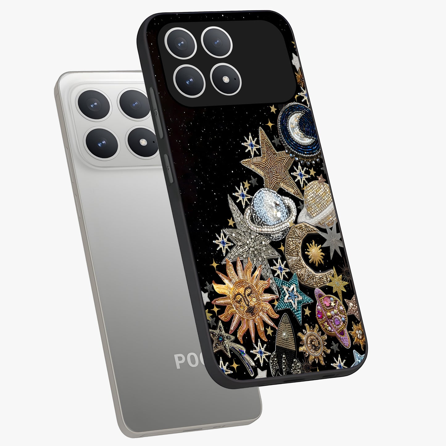 Cosmic Sparkle Dreams Glass Case displayed in angled mockup highlighting dreamy star sparkle design with celestial aesthetic.