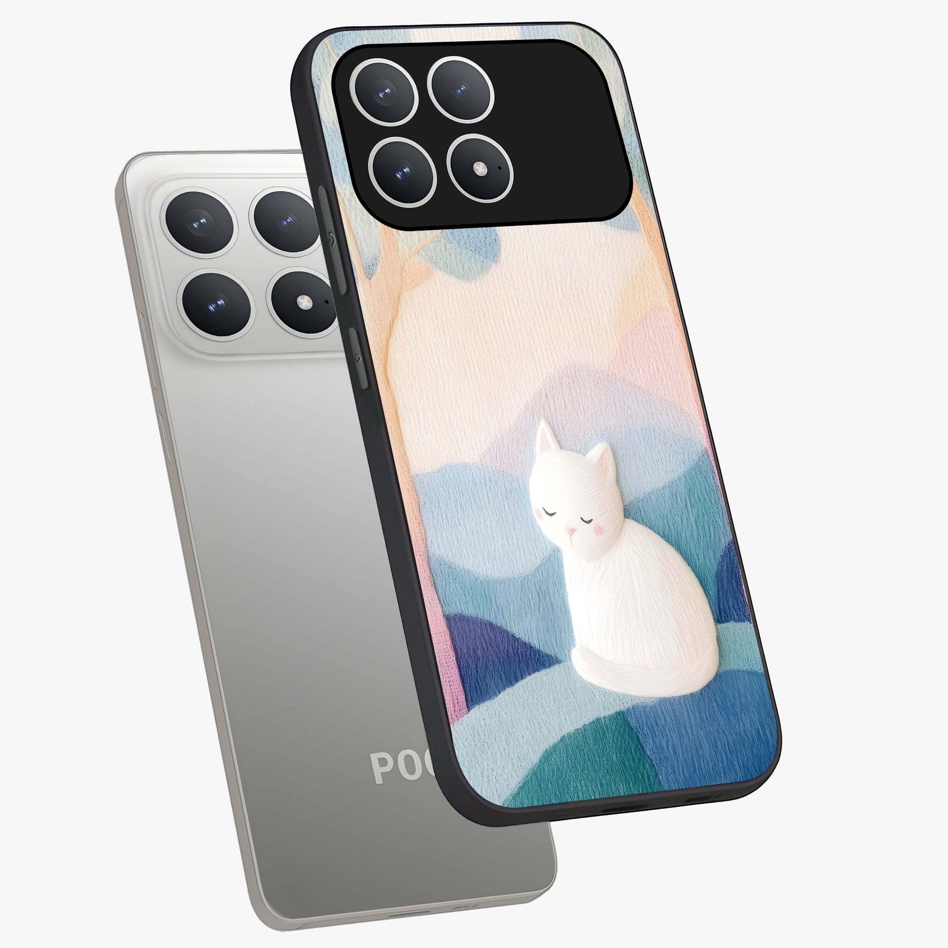 Cotton Dream Cat Glass Case displayed in angled mockup highlighting cute feline illustration with pastel aesthetic style.
