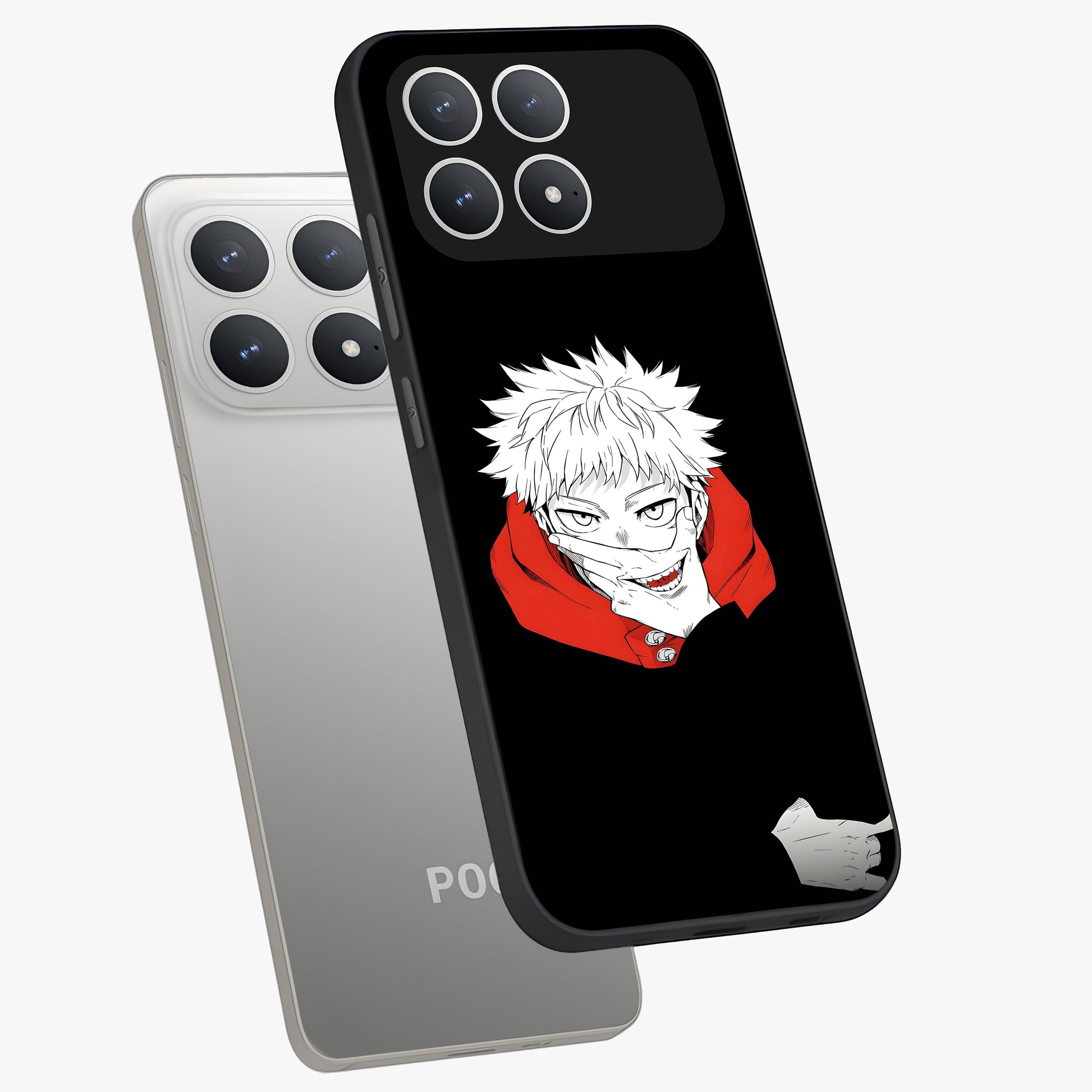 Crimson Chaos Smile Glass Case displayed in angled mockup highlighting edgy crimson smile design with graphic aesthetic.