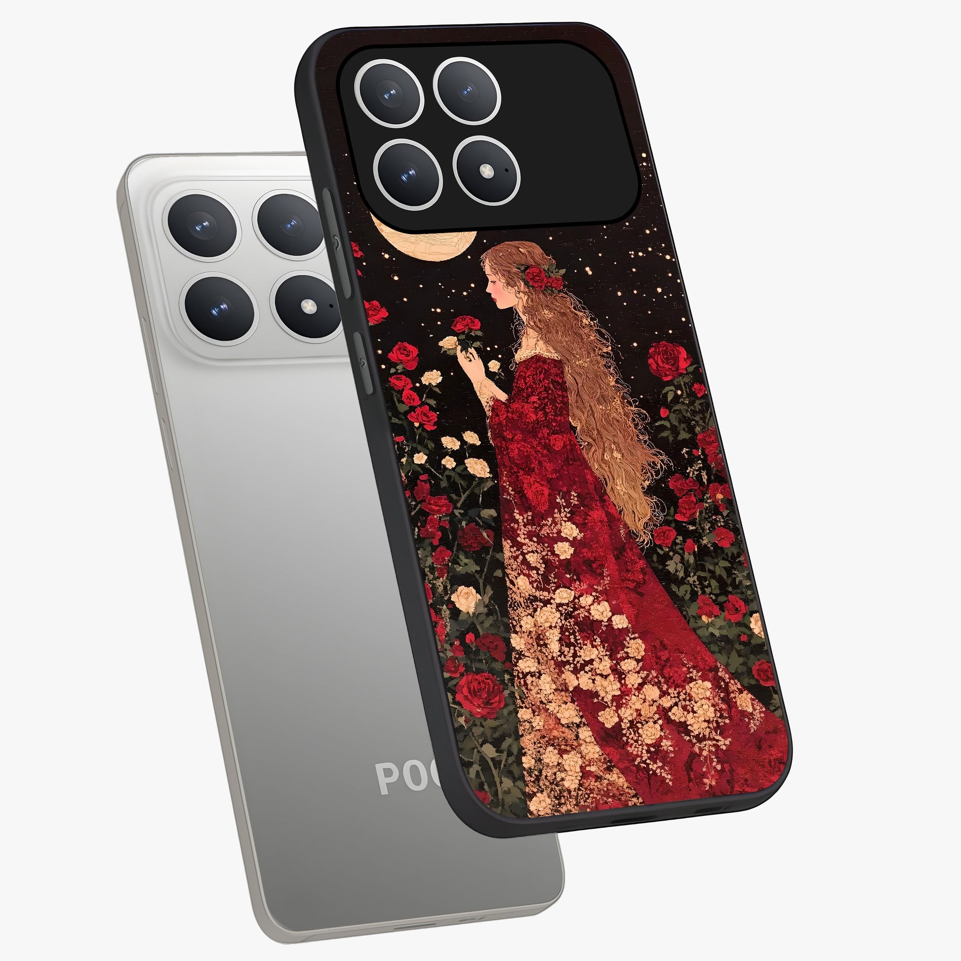 Crimson Dreams Glass Case displayed in angled mockup highlighting soft crimson aesthetic design with artistic theme.