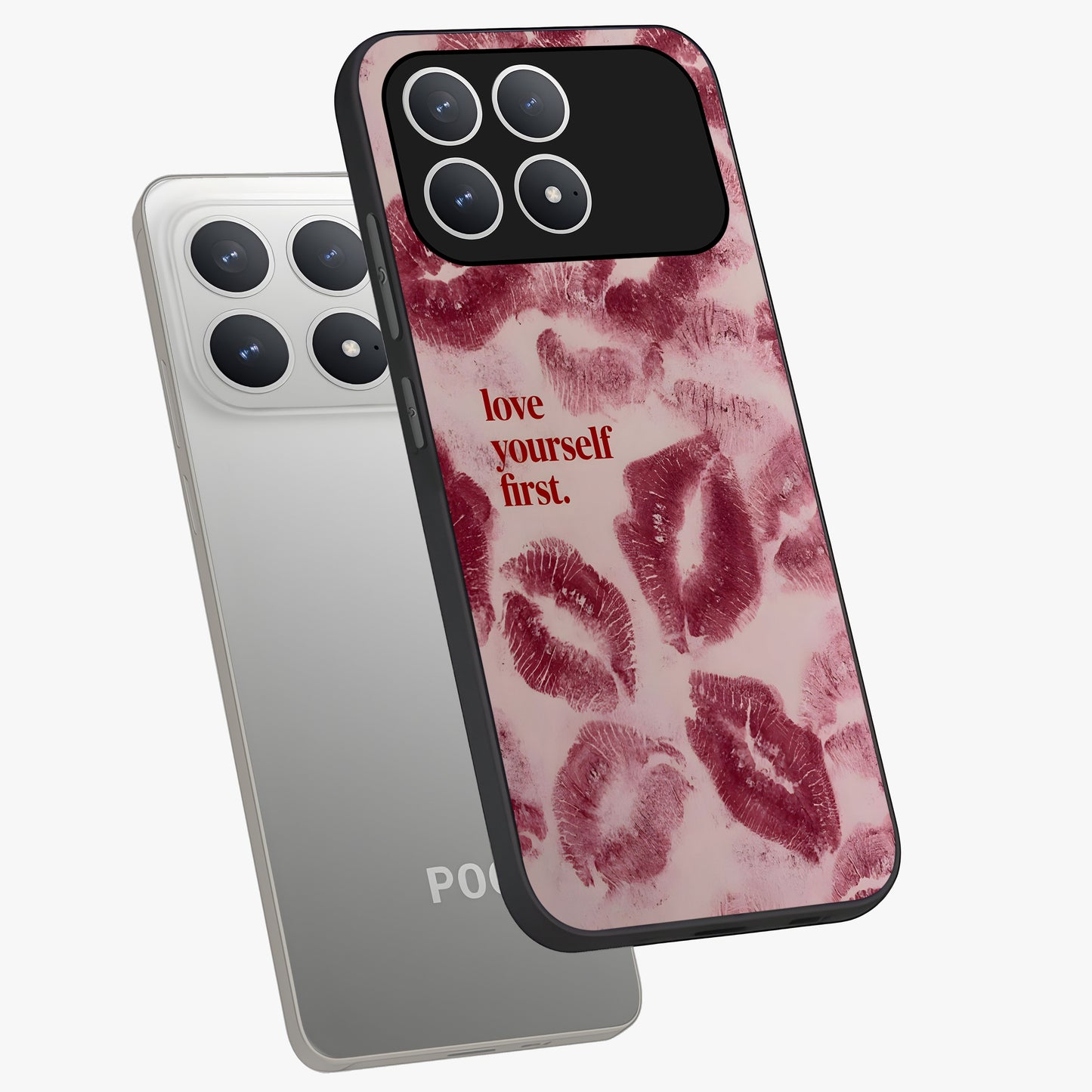 Crimson Kiss Love Glass Case displayed in angled mockup highlighting bold love inspired design with modern aesthetic style.