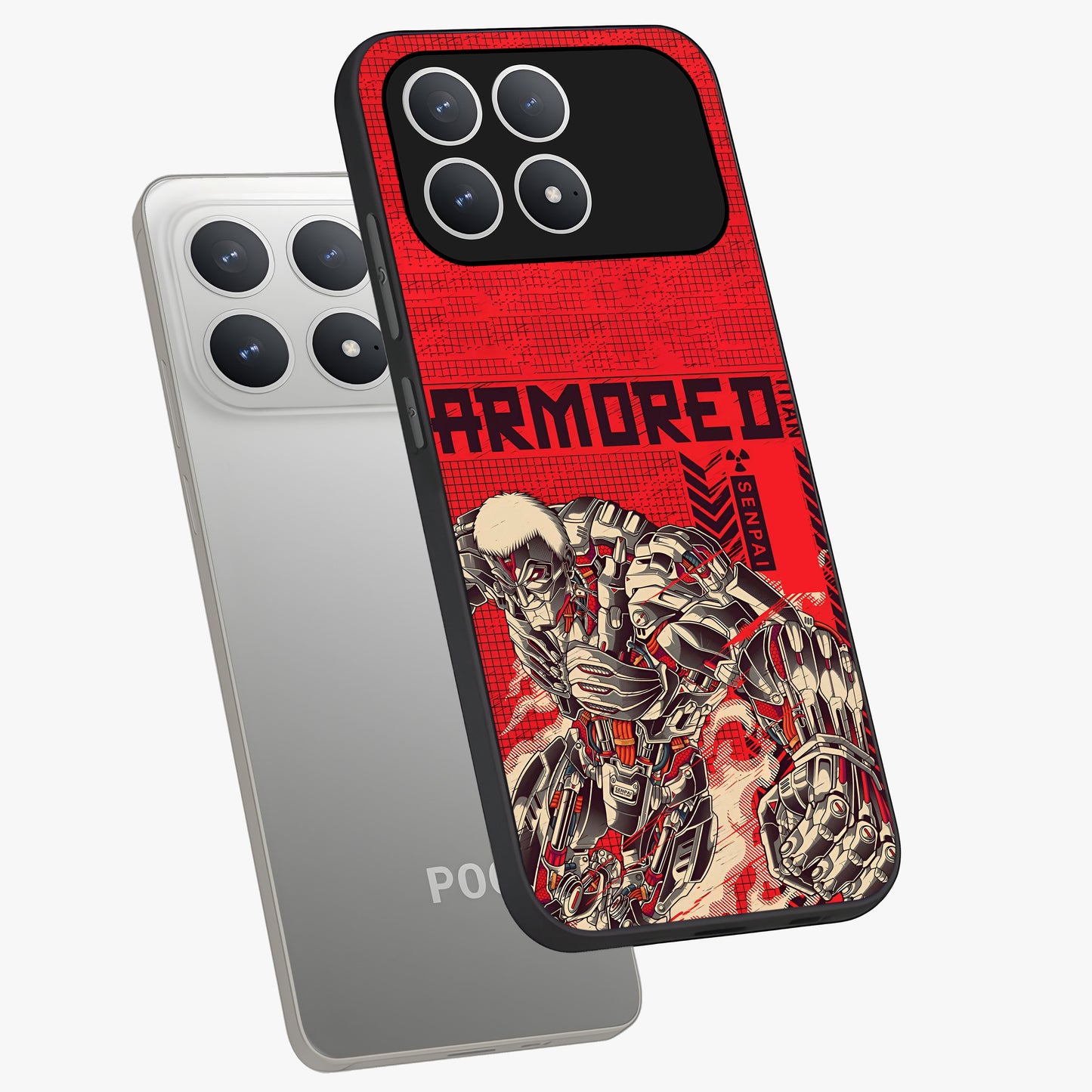 Crimson Mecha Titan Glass Case displayed in angled mockup highlighting futuristic mech illustration with bold crimson aesthetic.