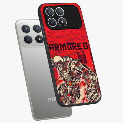 Crimson Mecha Titan Glass Case displayed in angled mockup highlighting futuristic mech illustration with bold crimson aesthetic.