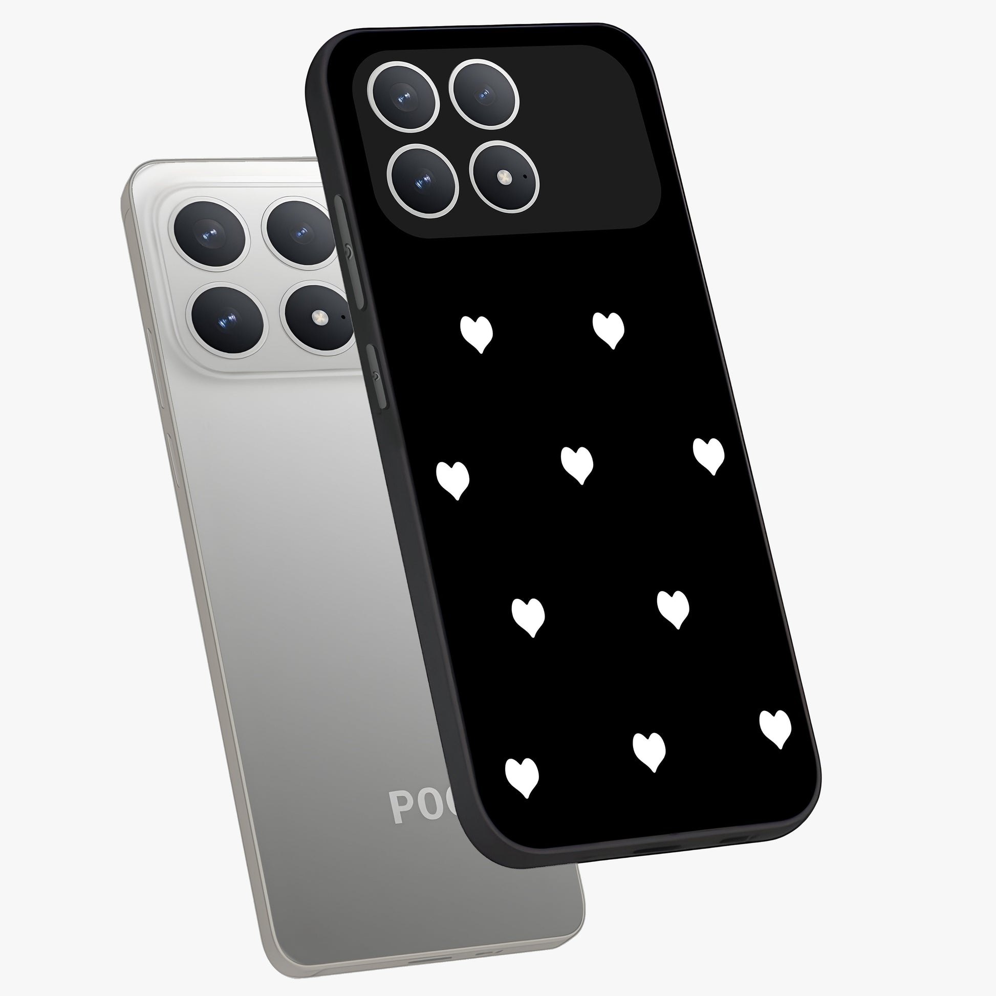 Cute And Simple White Hearts Glass Case displayed in angled mockup highlighting cute heart design with clean aesthetic style.
