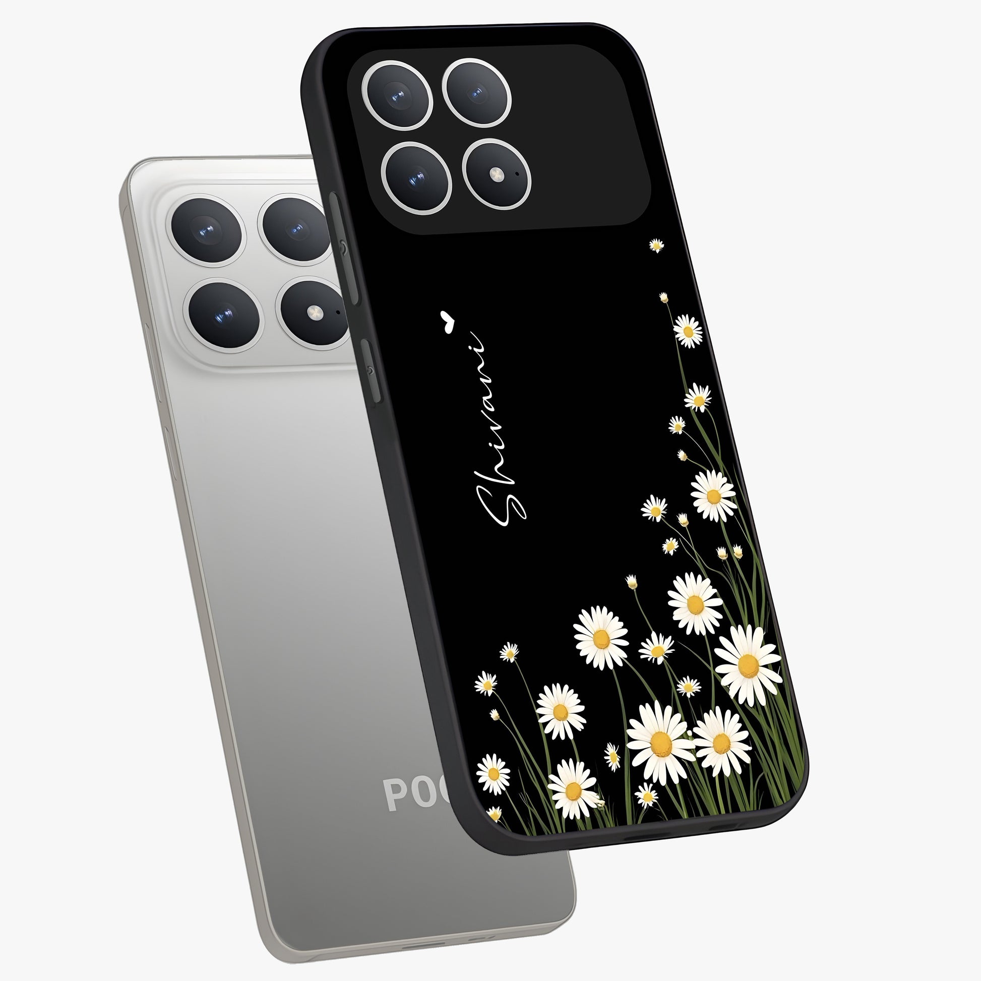 Daisy Cascade Custom Name Glass Case displayed in angled mockup highlighting delicate daisy artwork with custom name feature.
