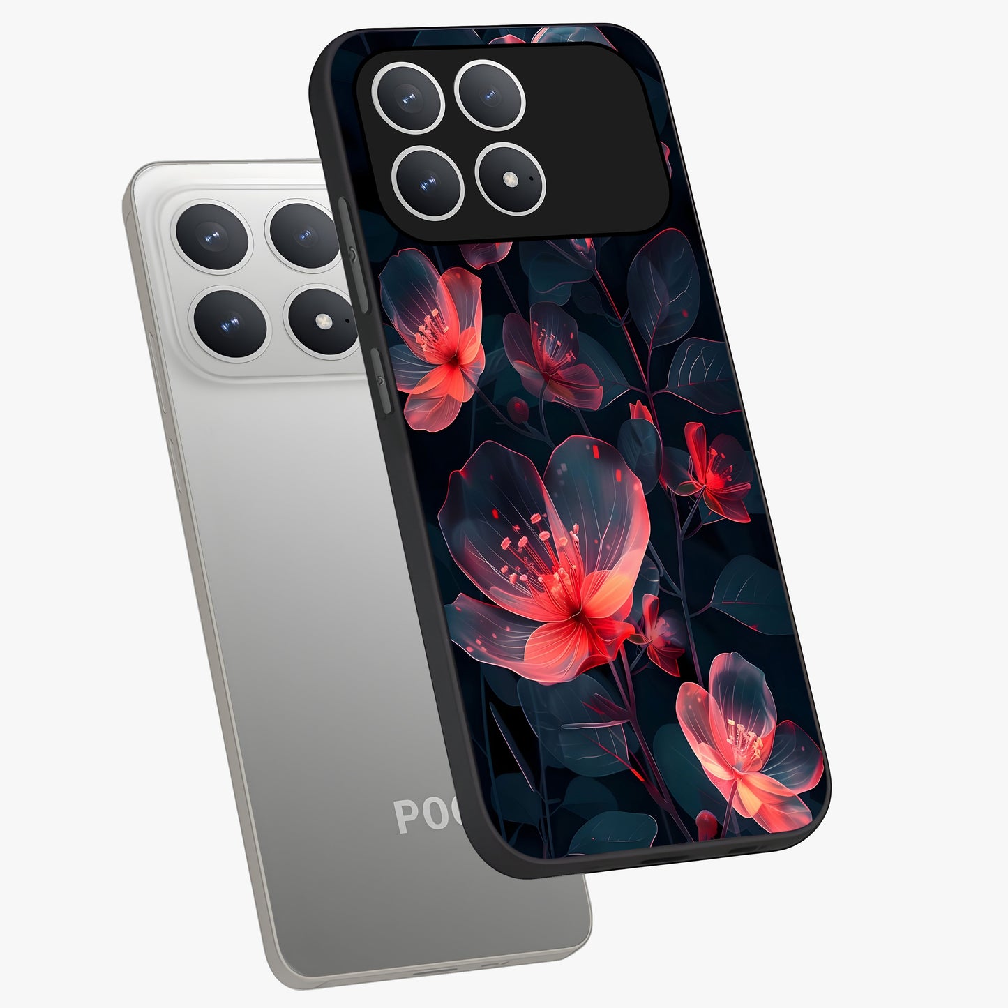 Dark Shade of Flower Glass Case displayed in angled mockup highlighting moody floral illustration with aesthetic dark tones.