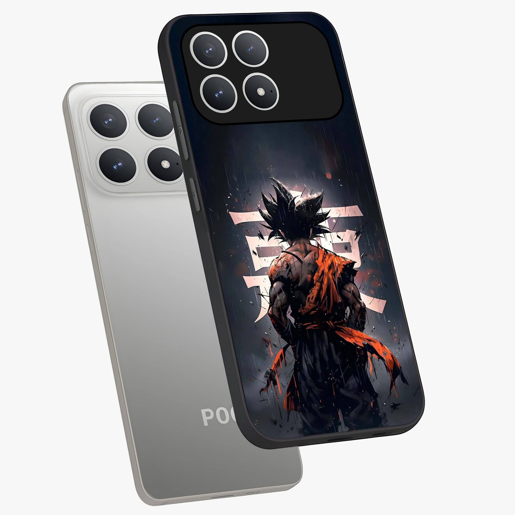 Dark Warrior In Rain Glass Case displayed in angled mockup highlighting dramatic warrior illustration with dark rain aesthetic.