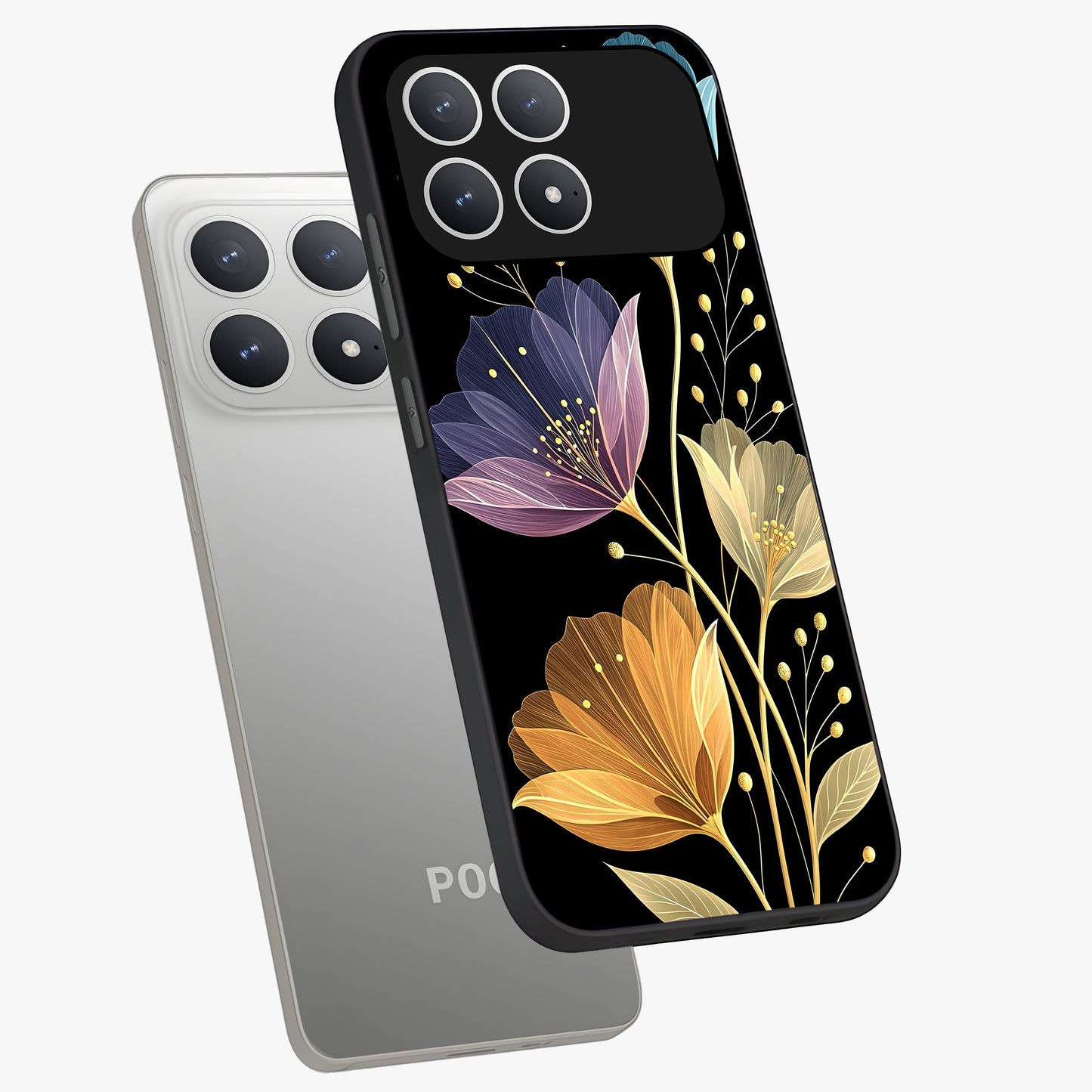 Delicate Multicolor Flowers Glass Case displayed in angled mockup highlighting colorful flower pattern with soft aesthetic style.