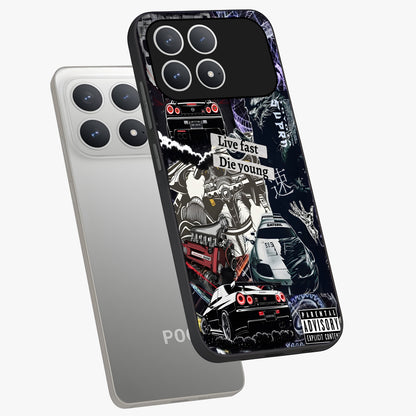 Die Young Glass Case displayed in angled mockup highlighting expressive graphic artwork with edgy aesthetic style.