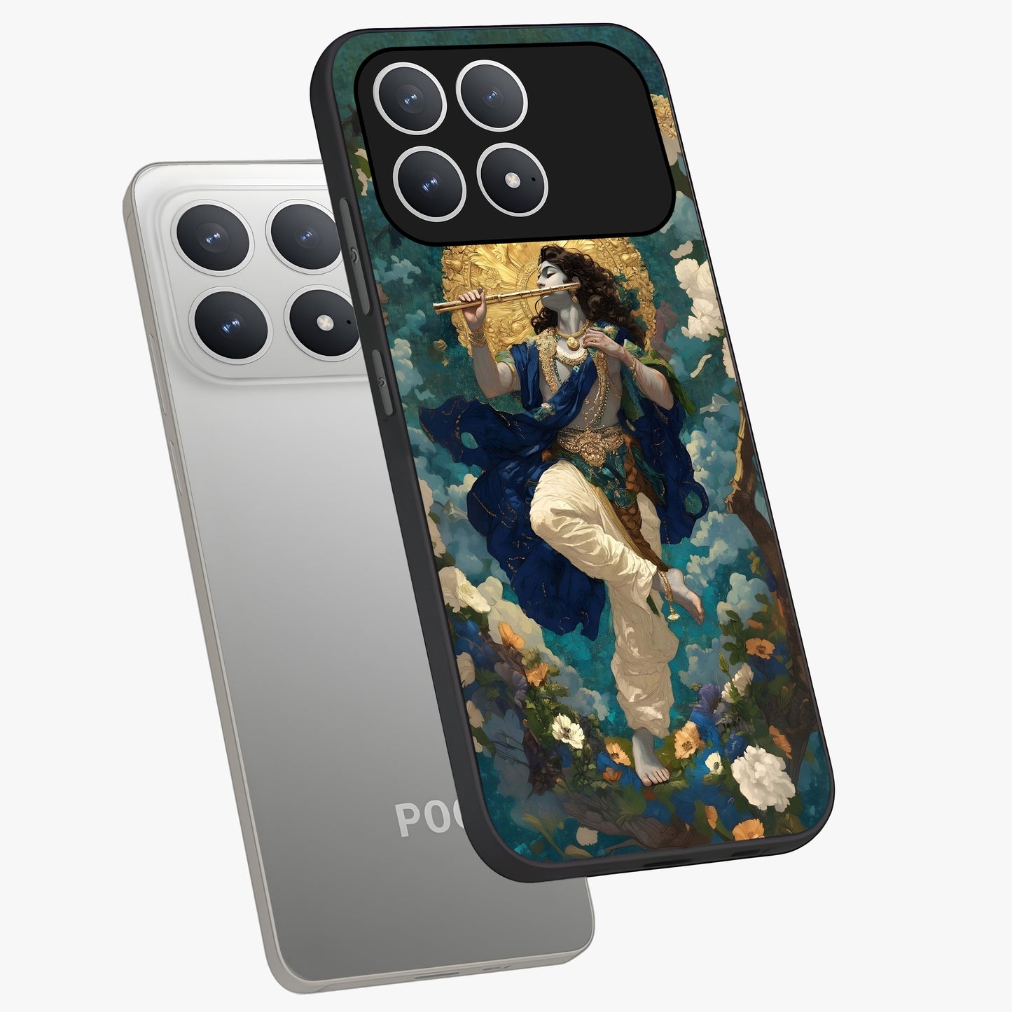 Divine Krishna Art Glass Case displayed in angled mockup highlighting spiritual Krishna illustration with devotional aesthetic.