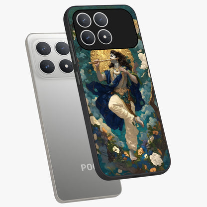 Divine Krishna Art Glass Case displayed in angled mockup highlighting spiritual Krishna illustration with devotional aesthetic.
