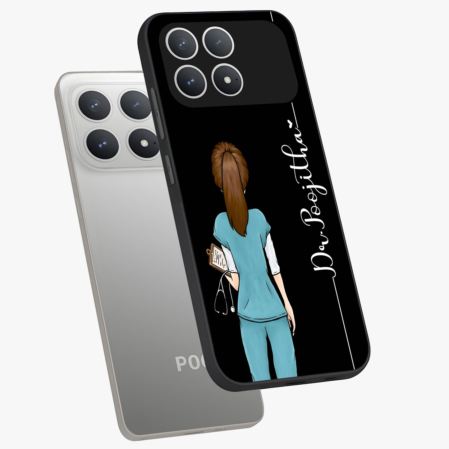 Doctor Pattern Custom Name Glass Case displayed in angled mockup highlighting doctor inspired artwork with custom name feature.