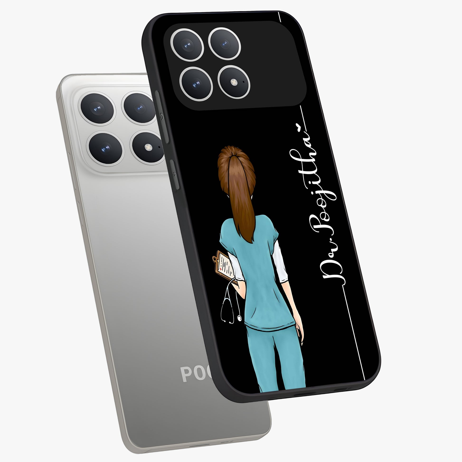 Doctor Pattern Custom Name Glass Case displayed in angled mockup highlighting doctor inspired artwork with custom name feature.