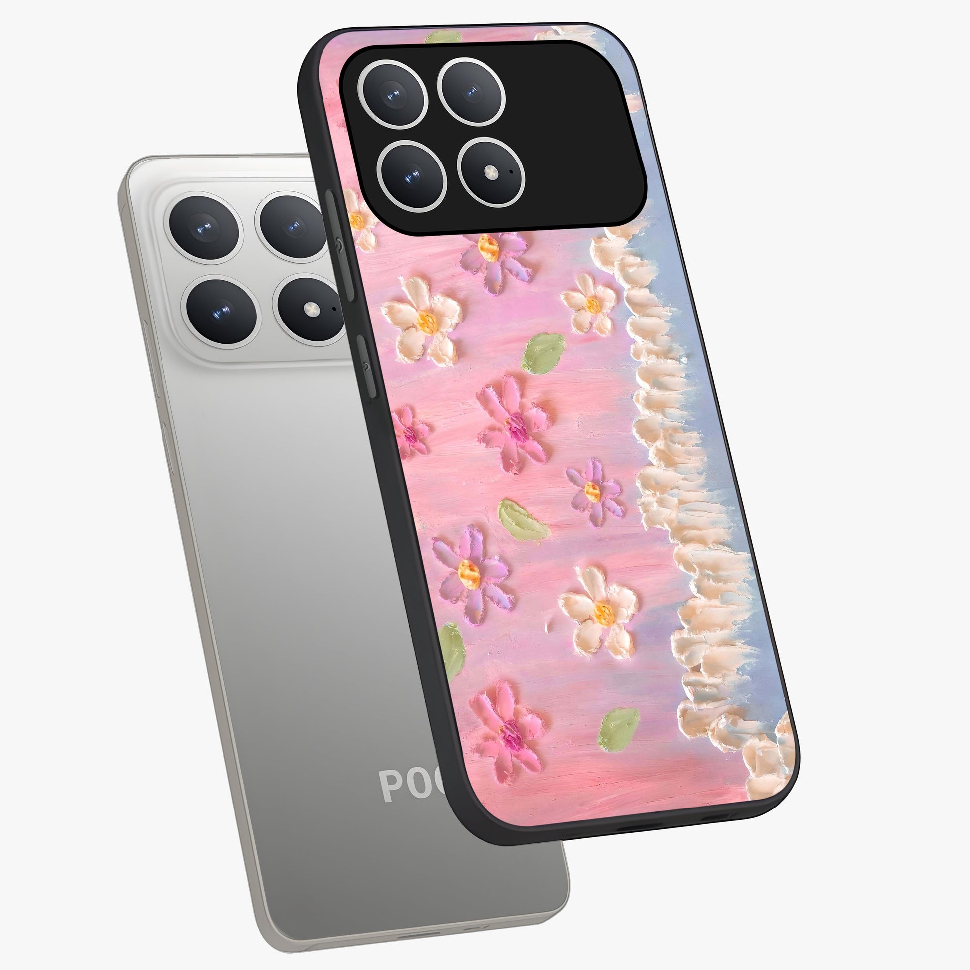 Dreamy Painted Garden Glass Case displayed in angled mockup highlighting colorful garden illustration with dreamy aesthetic style.