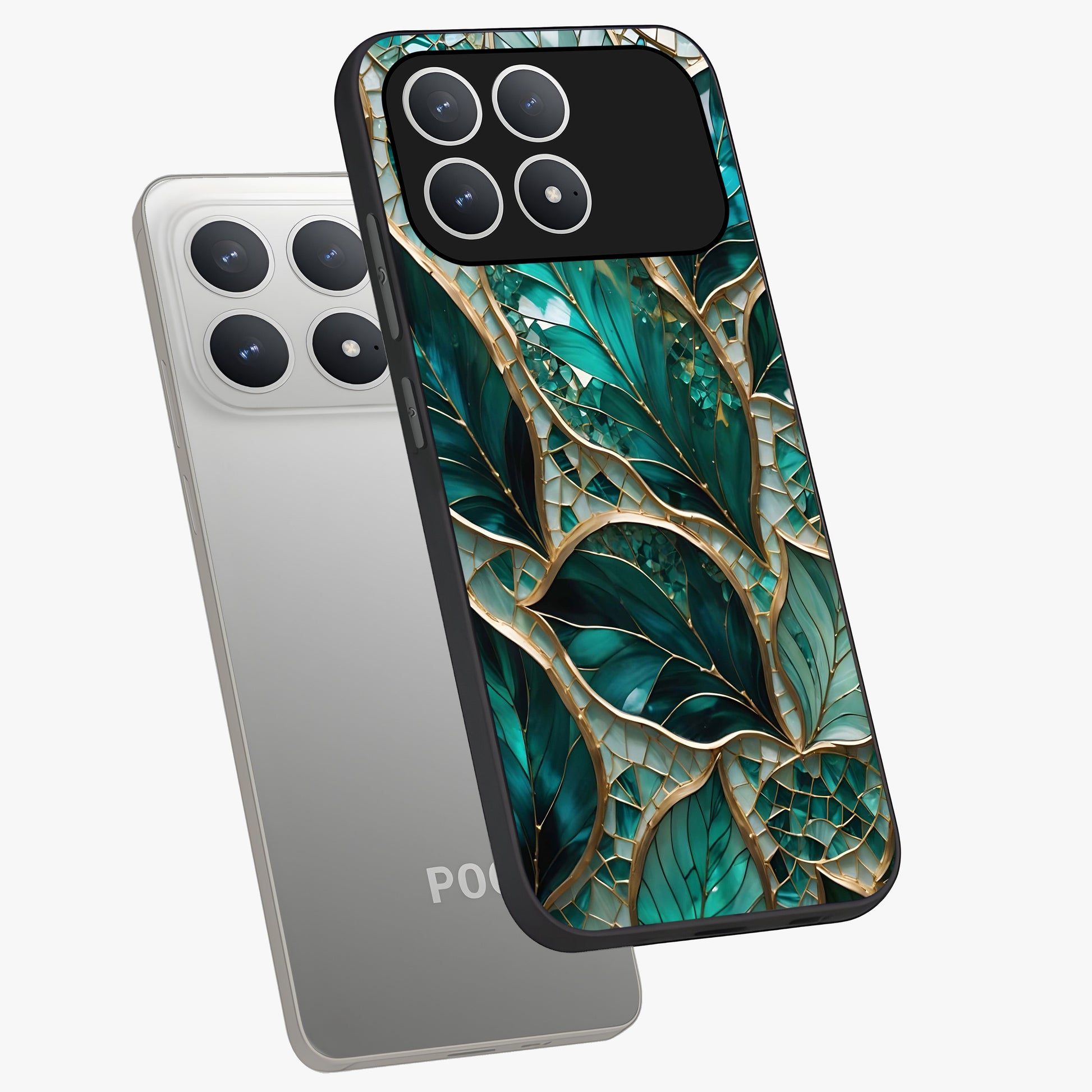 Emerald Leaf Glass Glass Case displayed in angled mockup highlighting botanical leaf illustration with elegant natural aesthetic.
