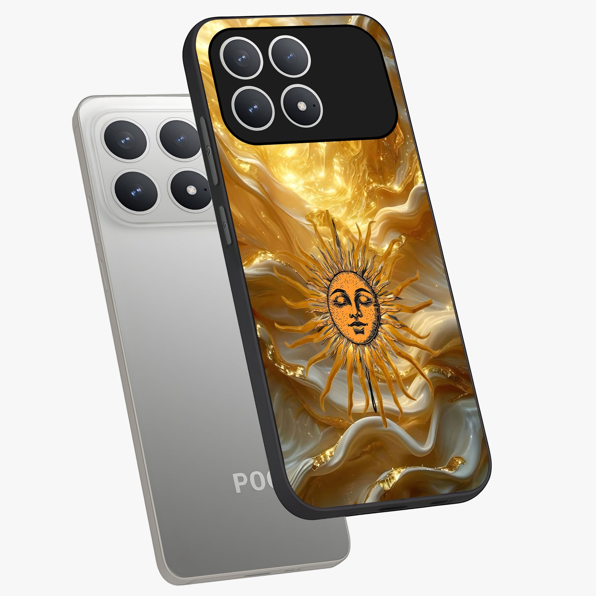 Eternal Golden Glow Glass Case displayed in angled mockup highlighting glowing golden aesthetic design with elegant style.