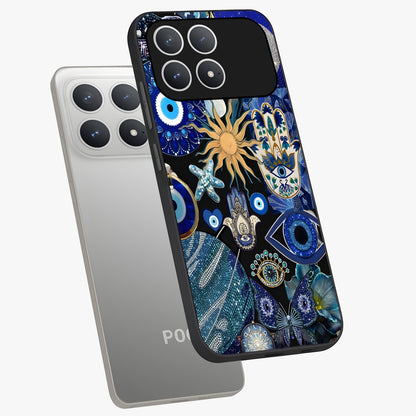 Evil Eye Charm Mix Glass Case displayed in angled mockup highlighting protective evil eye symbols with spiritual aesthetic design.