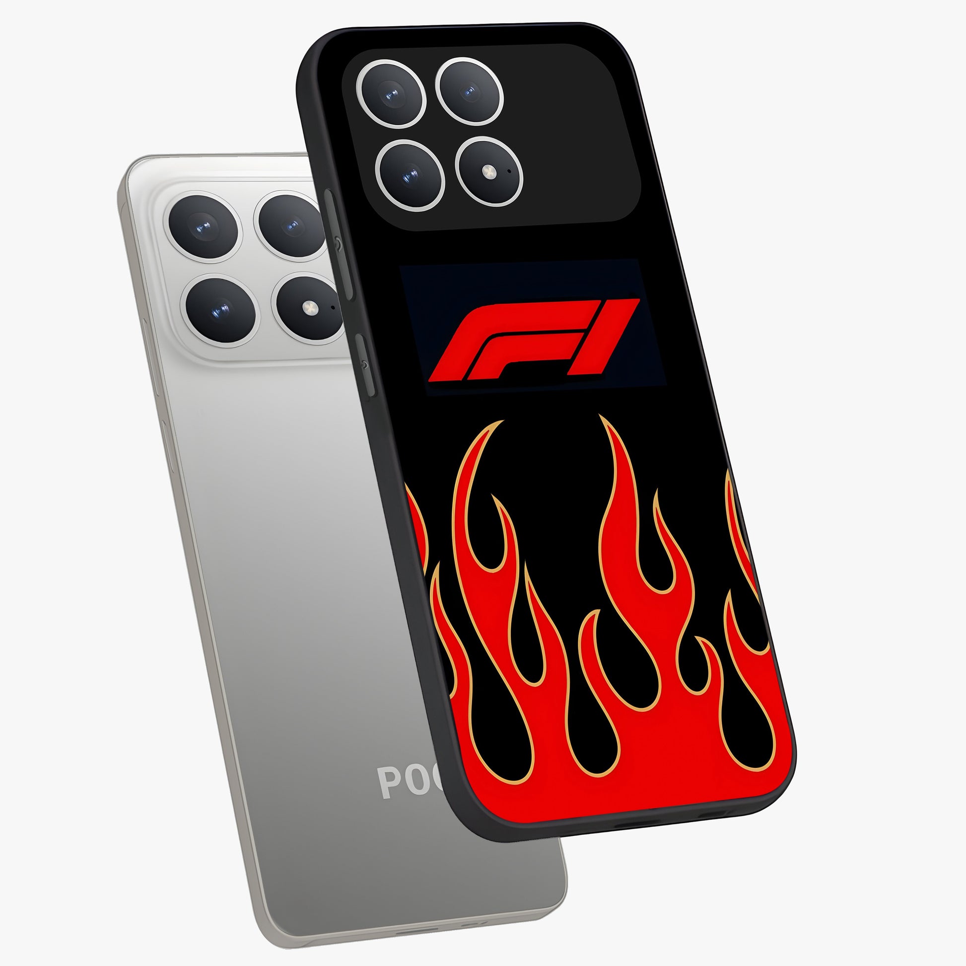 Fire F11 Glass Case displayed in angled mockup highlighting bold fire inspired graphic with energetic aesthetic style.
