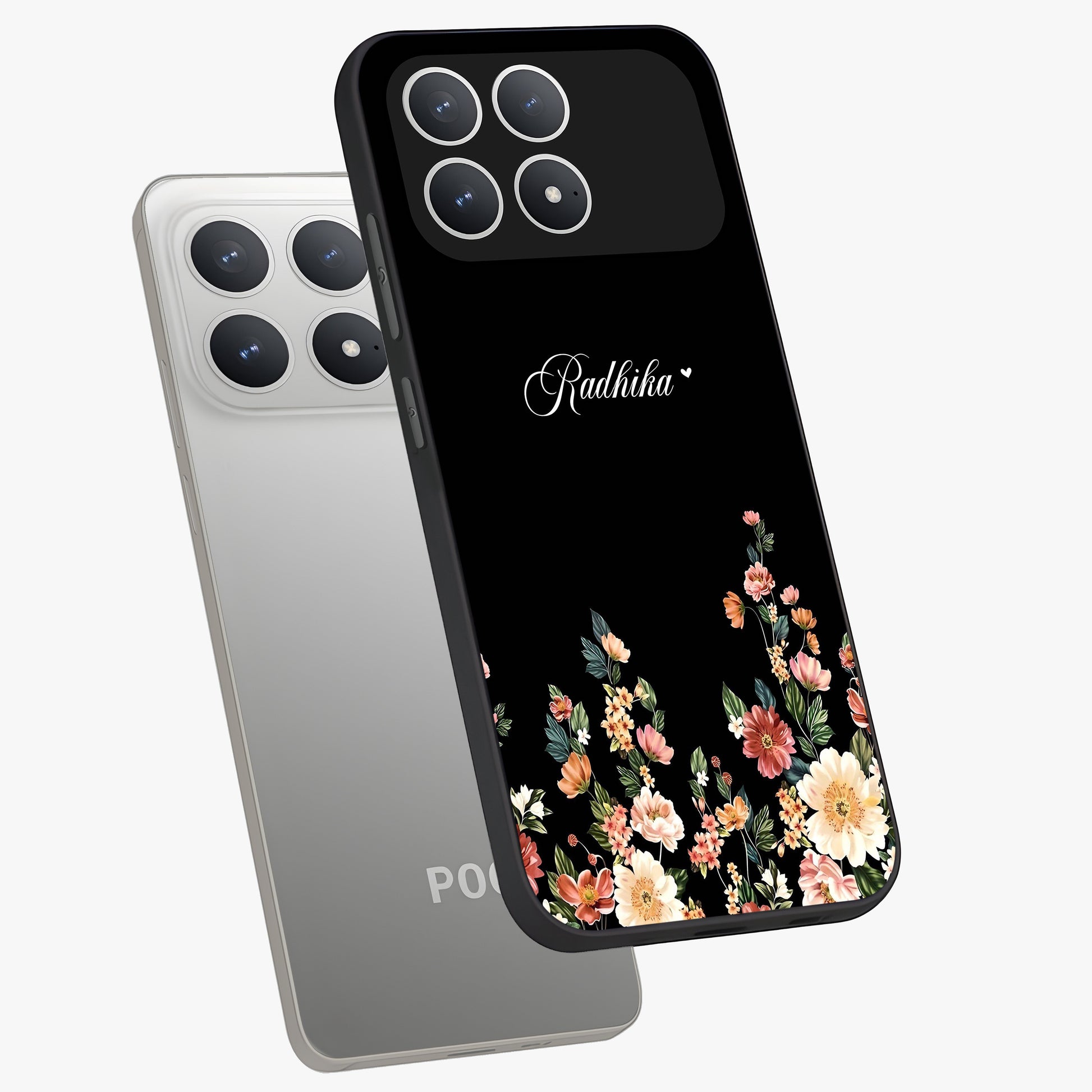 Floral Design With a Custom Personalized Name Glass Case displayed in angled mockup highlighting elegant floral pattern with custom name feature.
