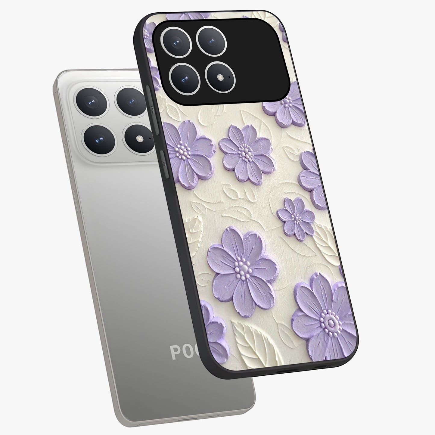 Floral Wall Art With Purple Flowers Glass Case displayed in angled mockup highlighting vibrant purple floral illustration with artistic aesthetic.