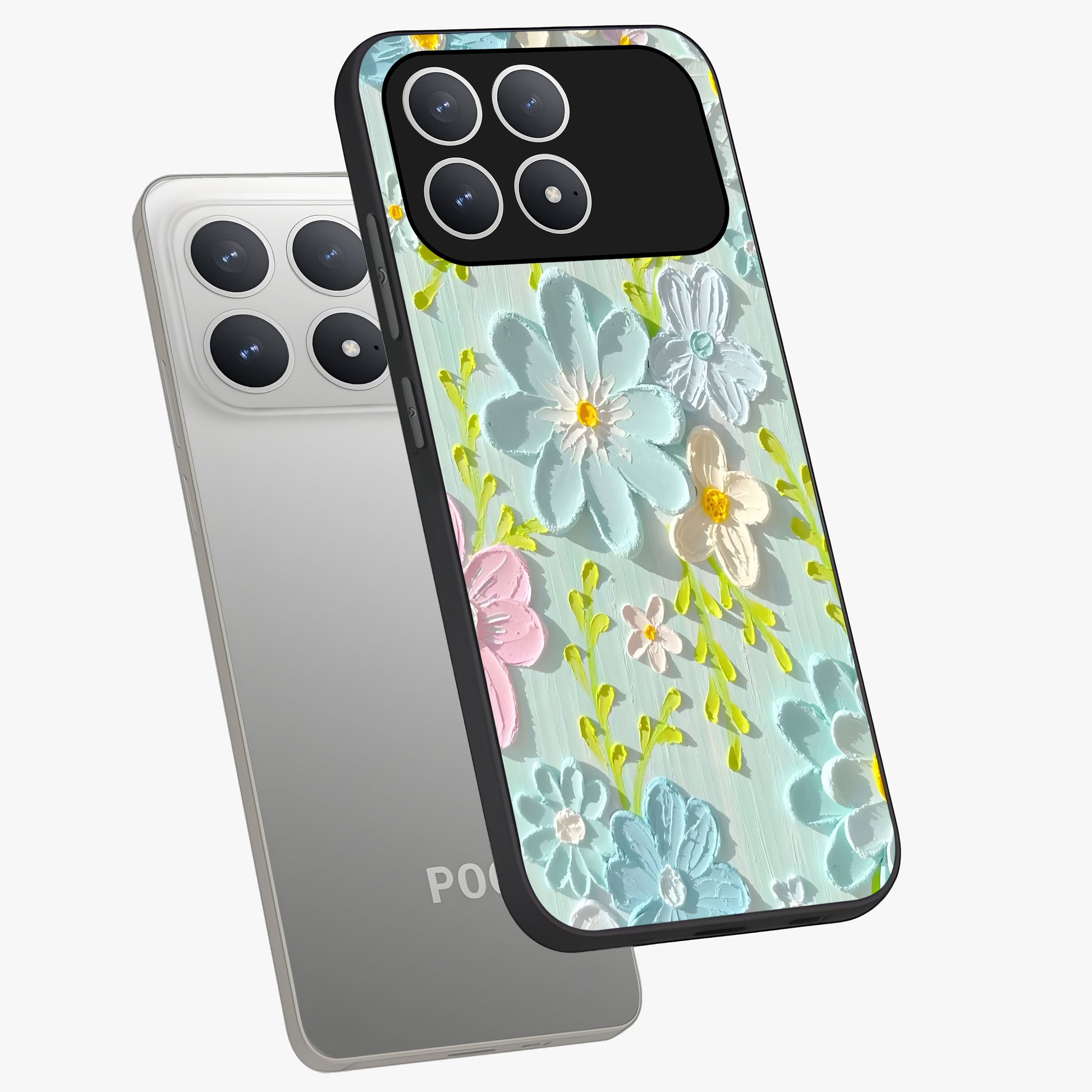 Frosted Petal Garden Glass Case displayed in angled mockup highlighting delicate flower petal design with calm garden aesthetic.