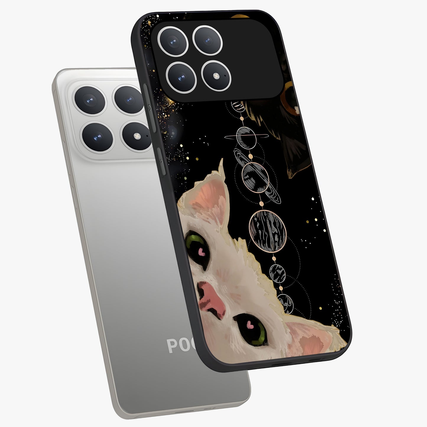 Galactic Cat Glass Case displayed in angled mockup highlighting celestial feline illustration with galaxy aesthetic style.