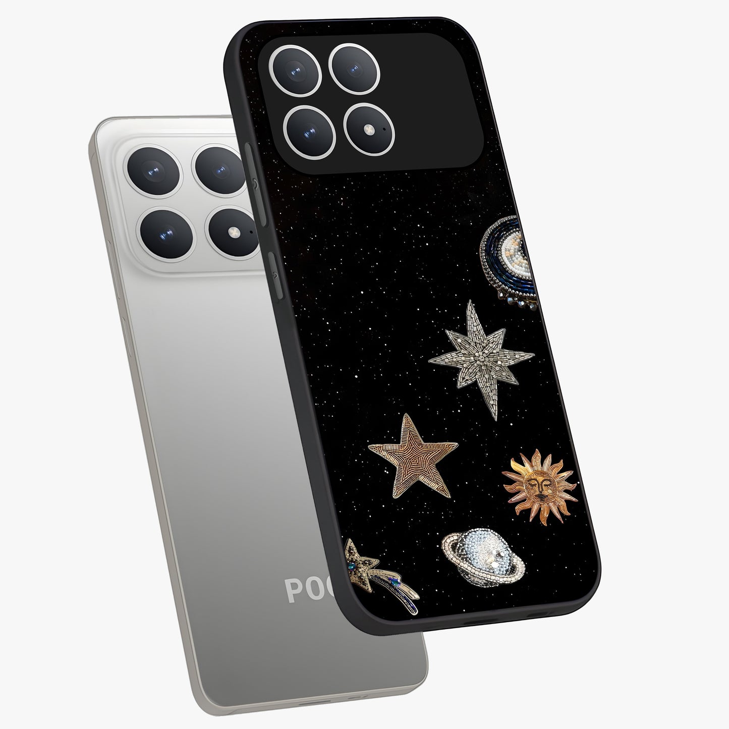 Galactic Charm Glow Glass Case displayed in angled mockup highlighting luminous galaxy inspired design with dreamy aesthetic.