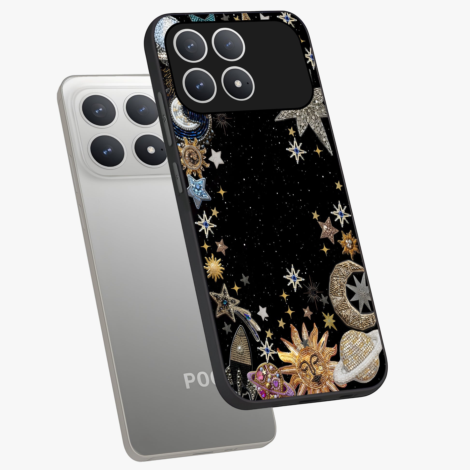 Galactic Jewel Stars Glass Case displayed in angled mockup highlighting shining celestial star design with cosmic aesthetic style.