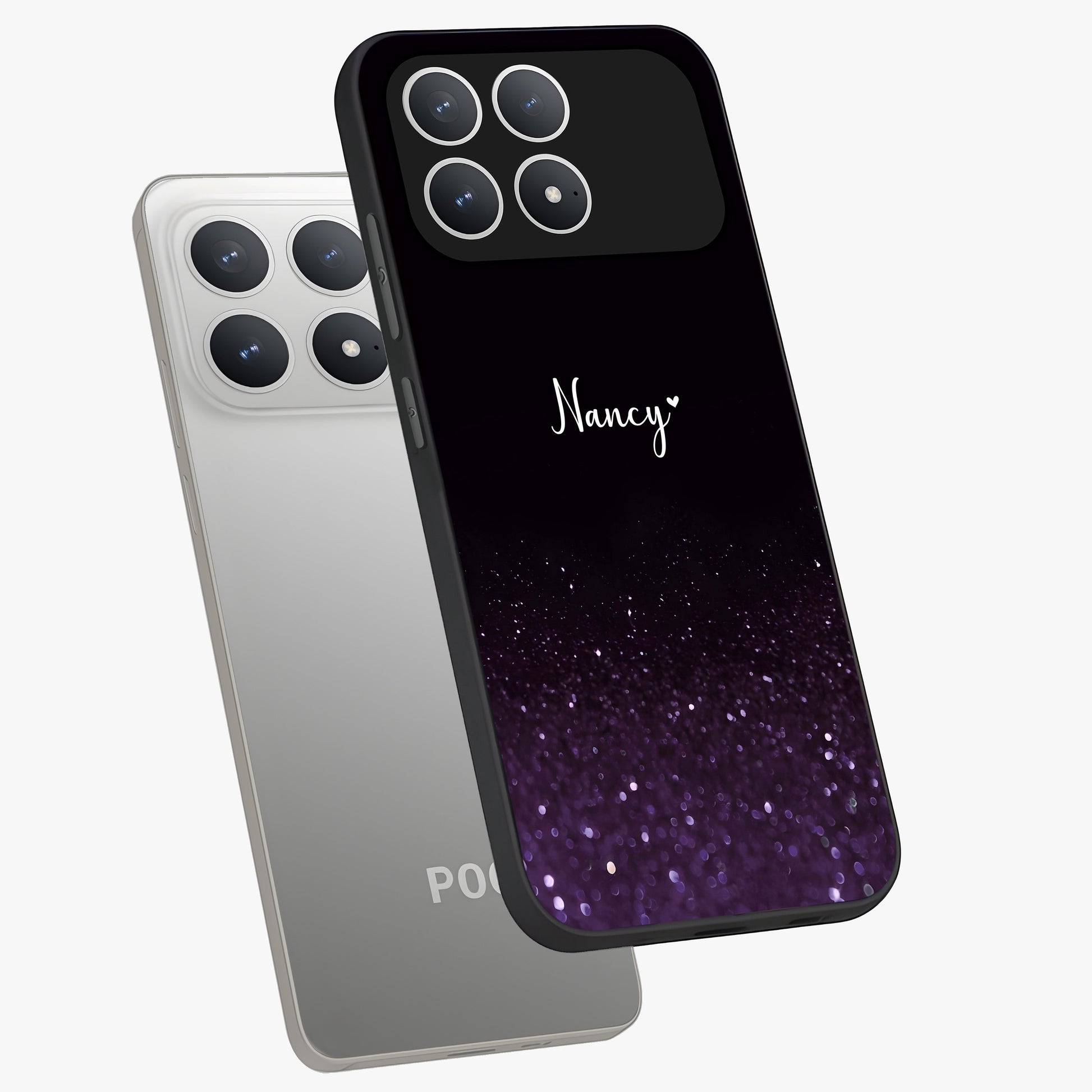 Glittery Purple Bokeh Custom Name Glass Case displayed in angled mockup highlighting glitter bokeh pattern with custom name feature.