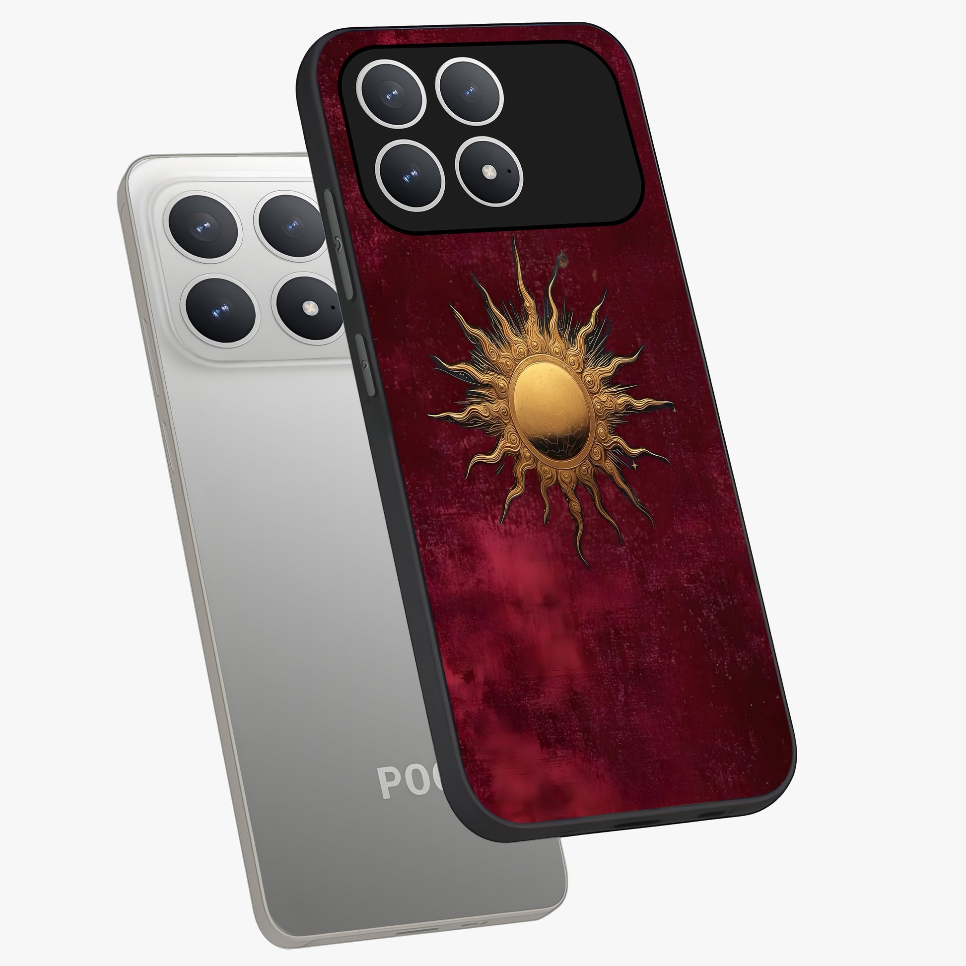 Golden Sun Minimalism Glass Case displayed in angled mockup highlighting clean sun symbol design with modern minimal aesthetic.