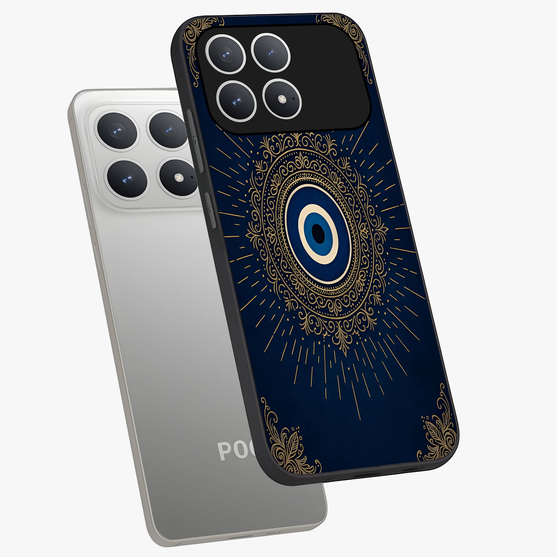 Golden Celestial Charm Glass Case displayed in angled mockup highlighting sparkling cosmic charm design with celestial aesthetic.